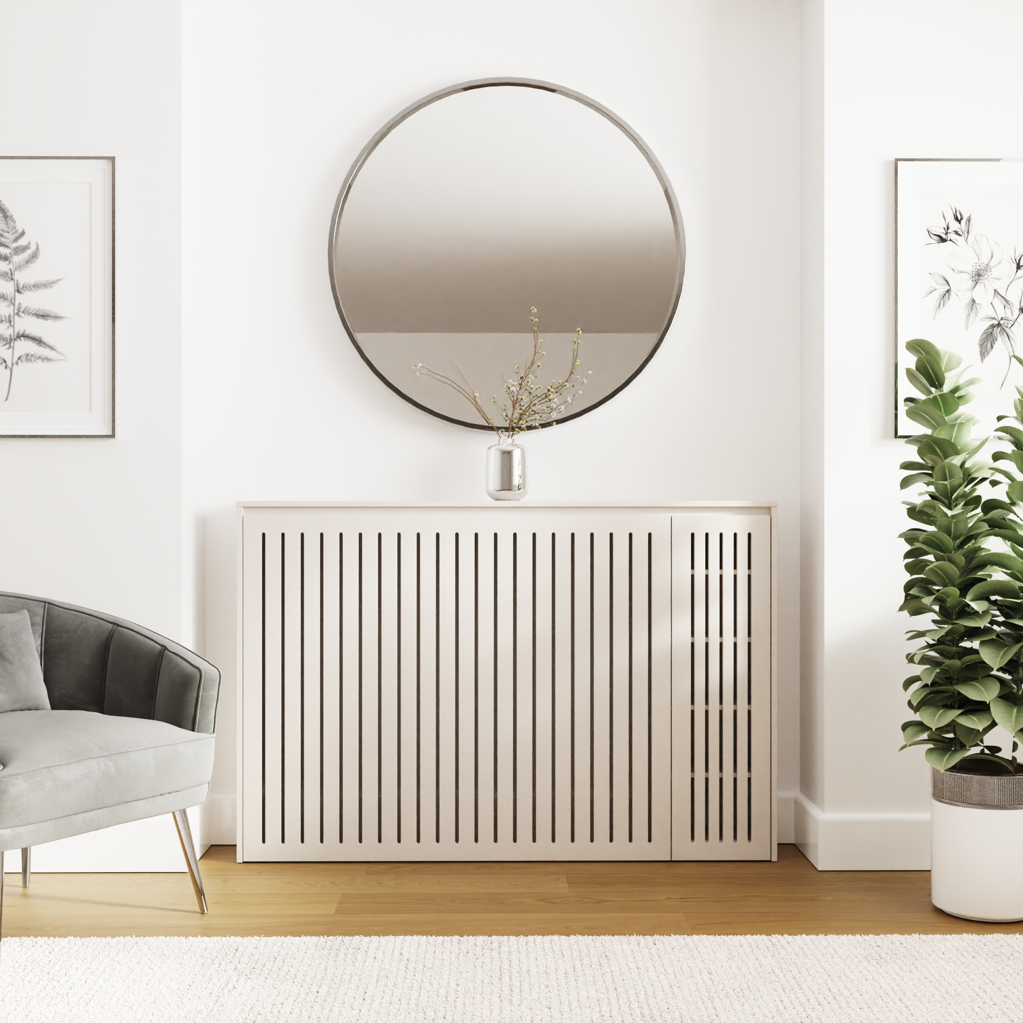 COREL Radiator Cover with Vertical Slats and Side Shelving - Stone