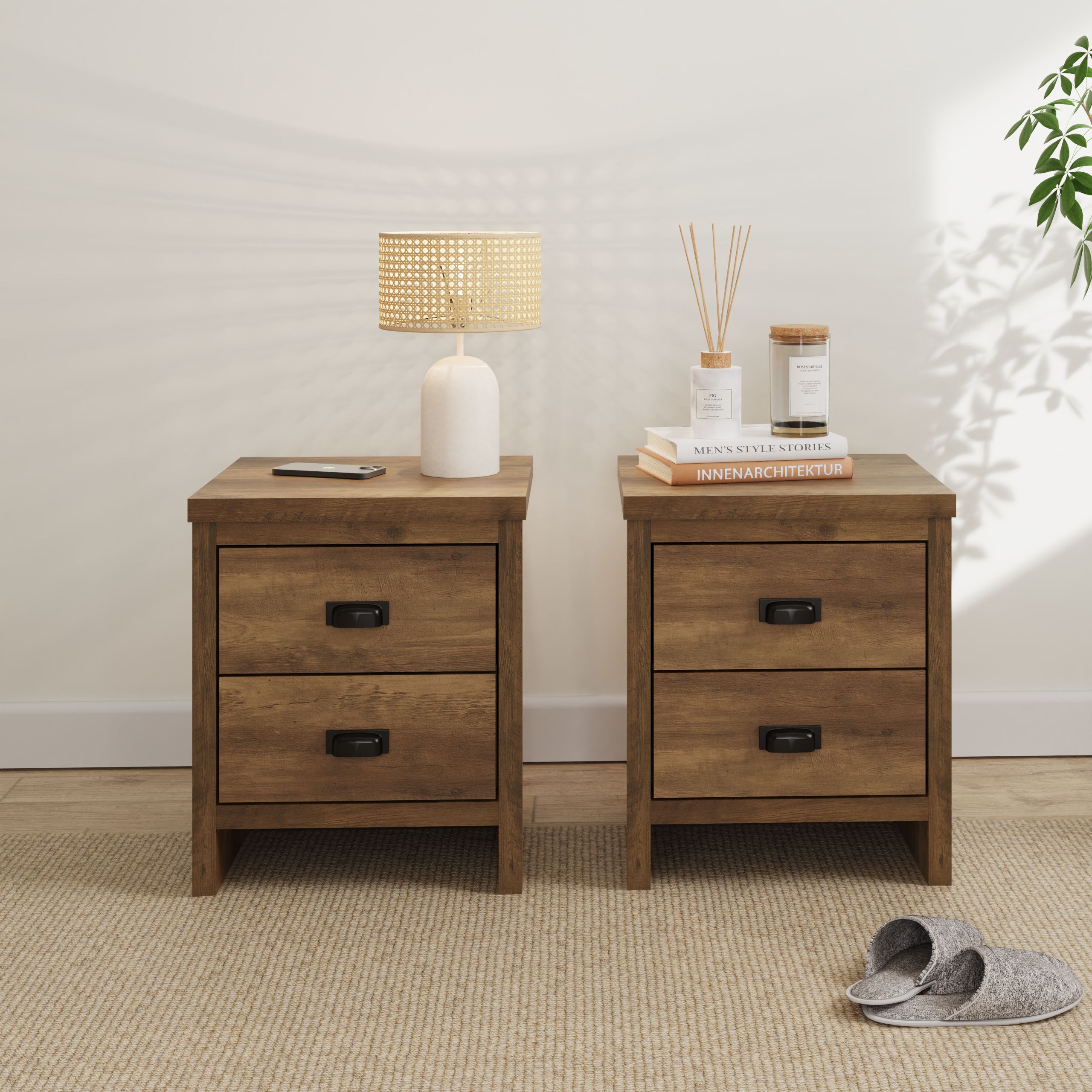 Bedside Table - SLATE 2 Piece 2 Drawer Nightstand Knotty Oak 43cm
