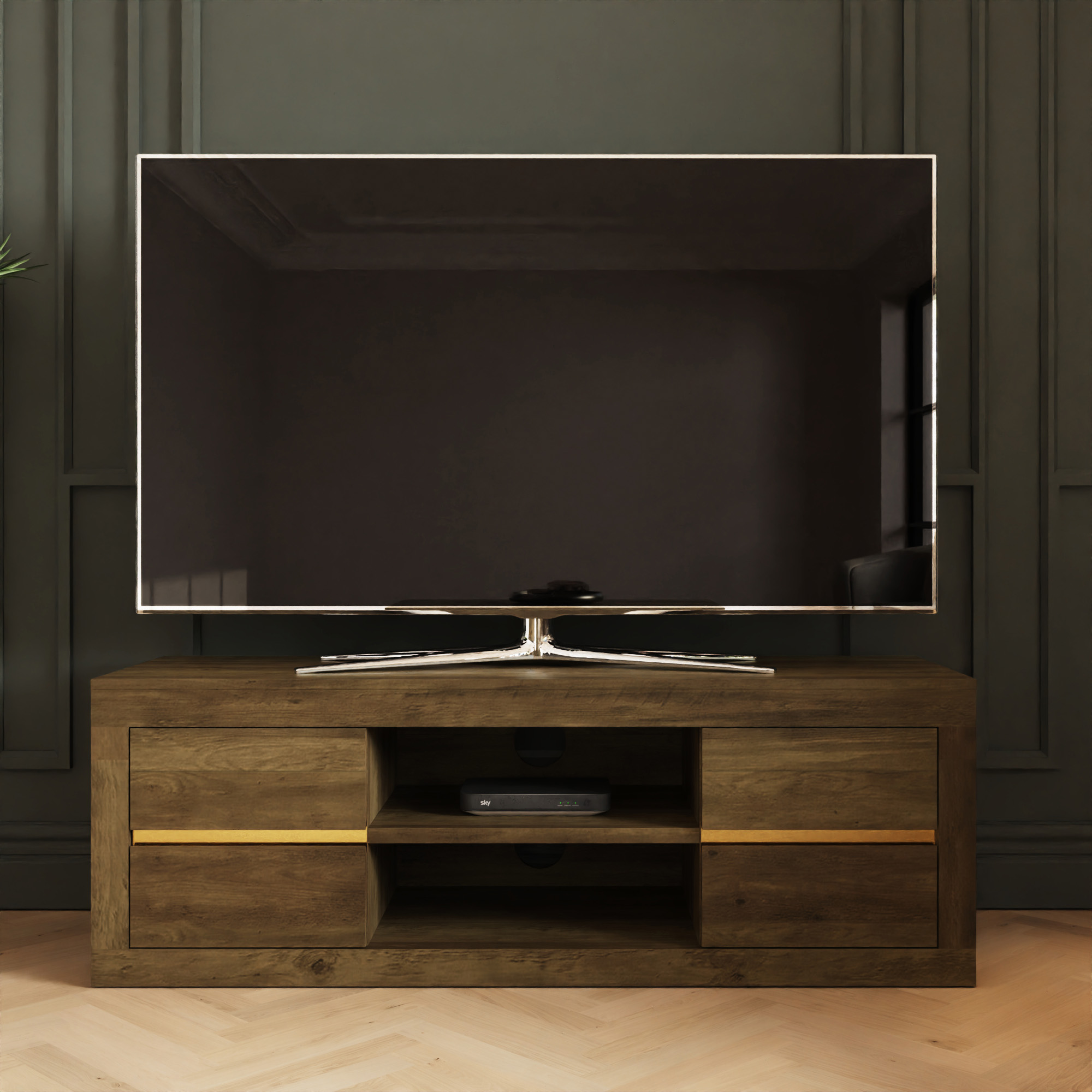 ASTRA 4 Drawer TV Unit with Shelves and Gold Accents - Oak