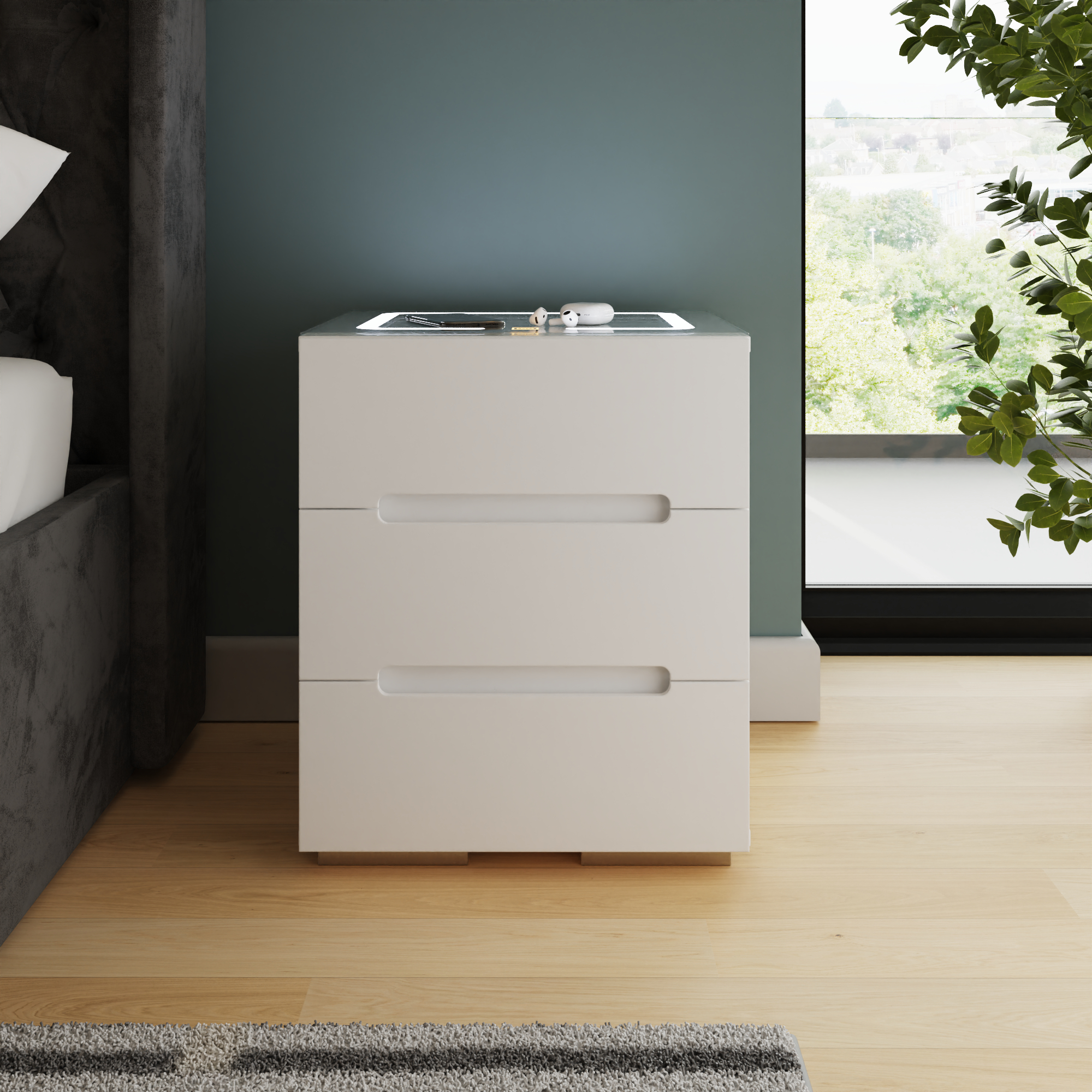 RYLAND 3 Drawer Smart Bedside Table - White