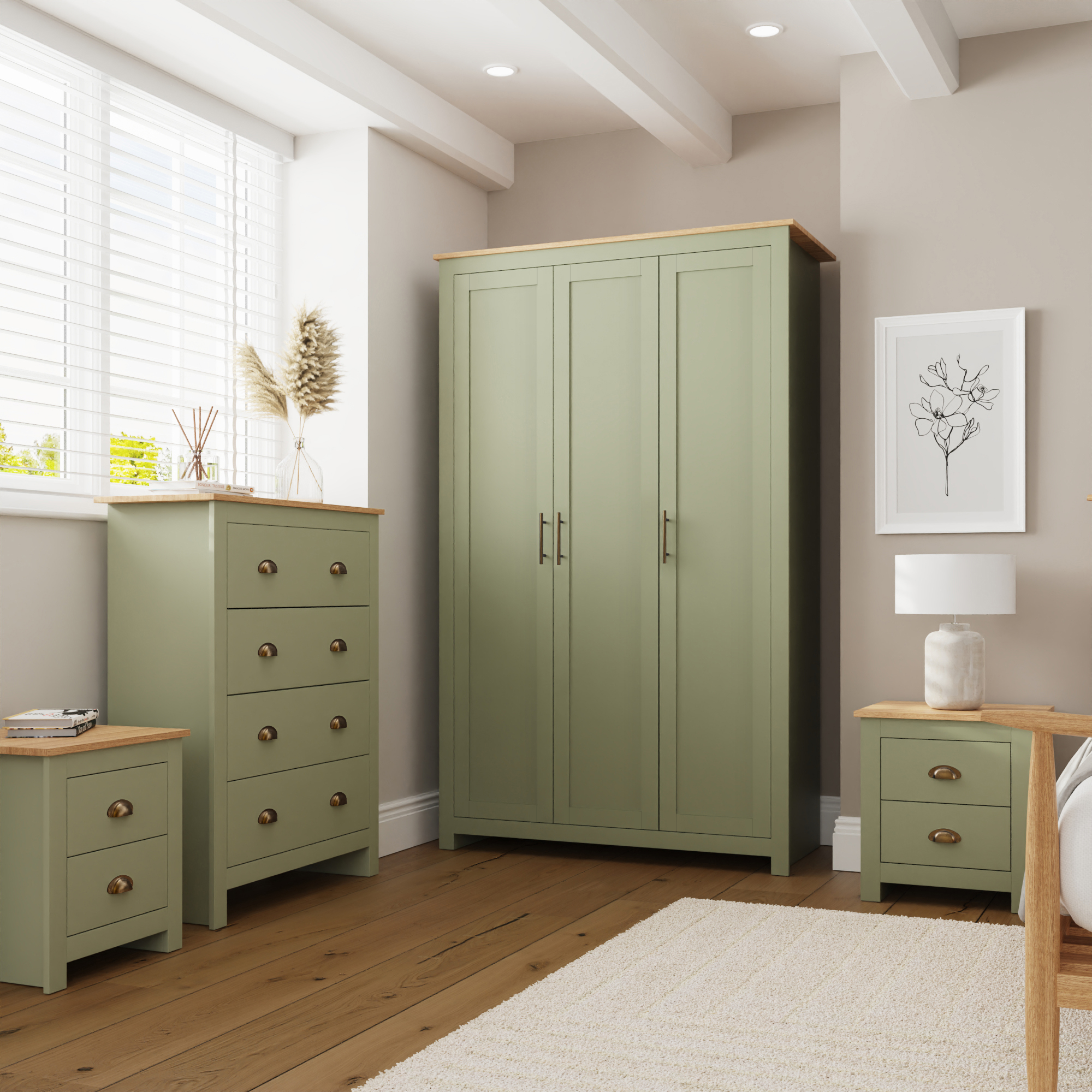 LANCASTER 3 Door Wardrobe Set 4 Piece - Sage Green