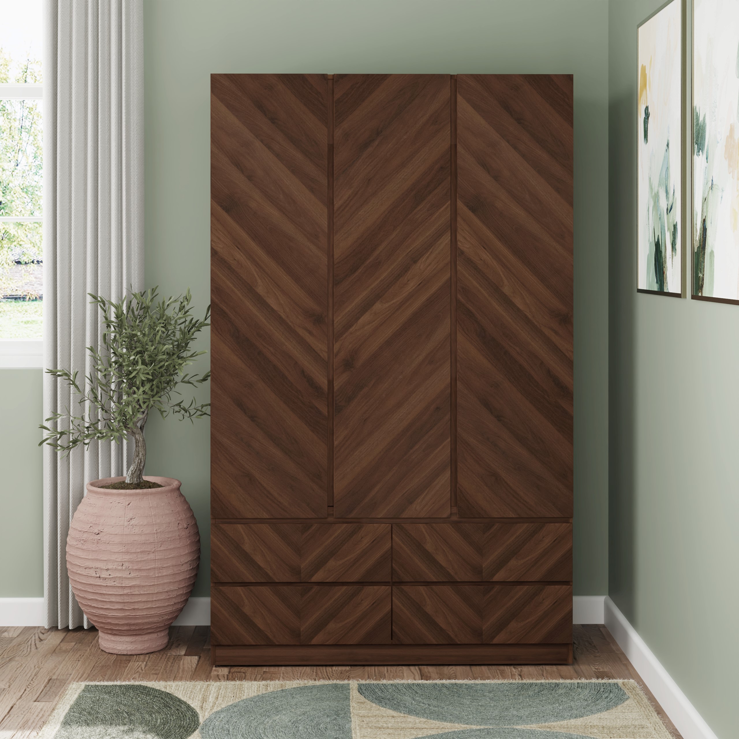 CHARLESTON 3 Door Wardrobe with 4 Drawers Walnut - 119.5cm