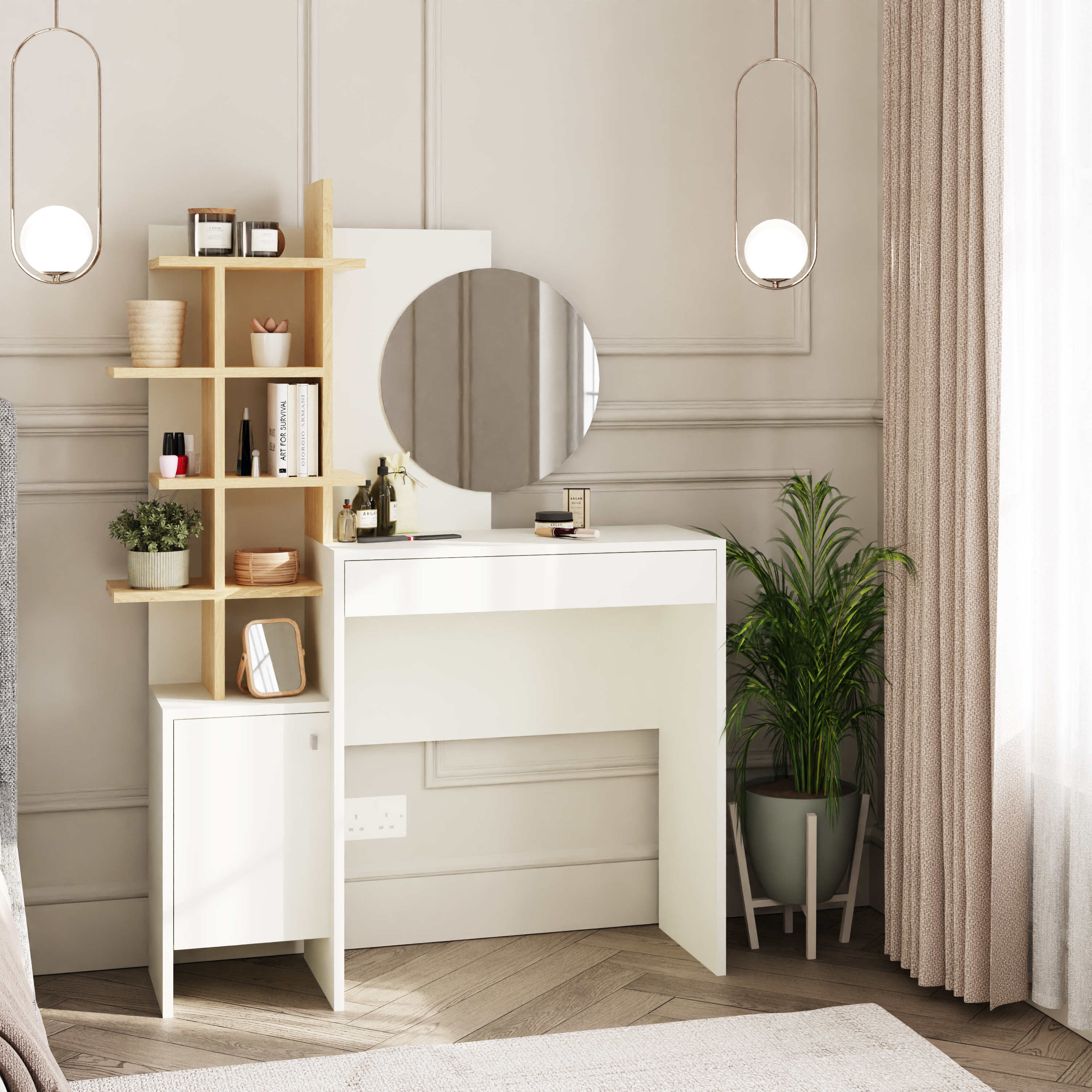Elysian Haven Five Tier Open Shelf Dressing Table with Round Mirror - White and Oak