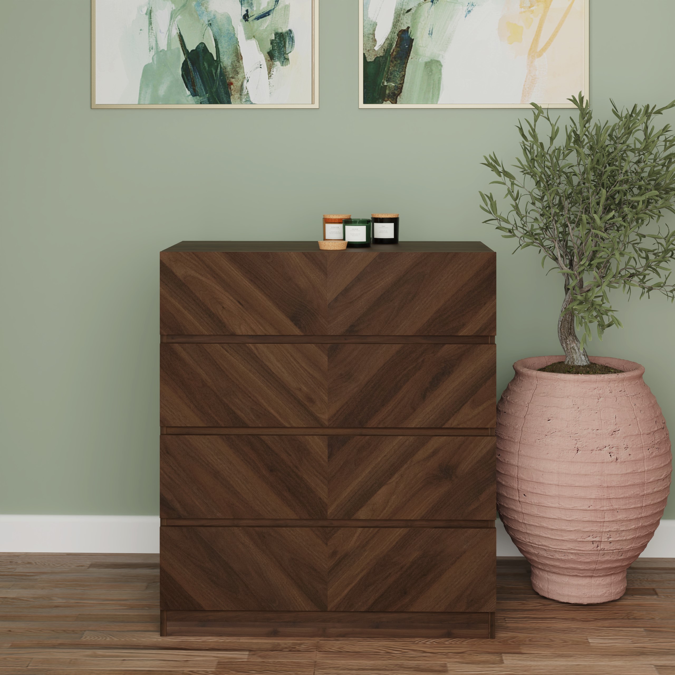 CHARLESTON II Oak Finish Chest of Drawers - Medium-sized, 4 Drawers