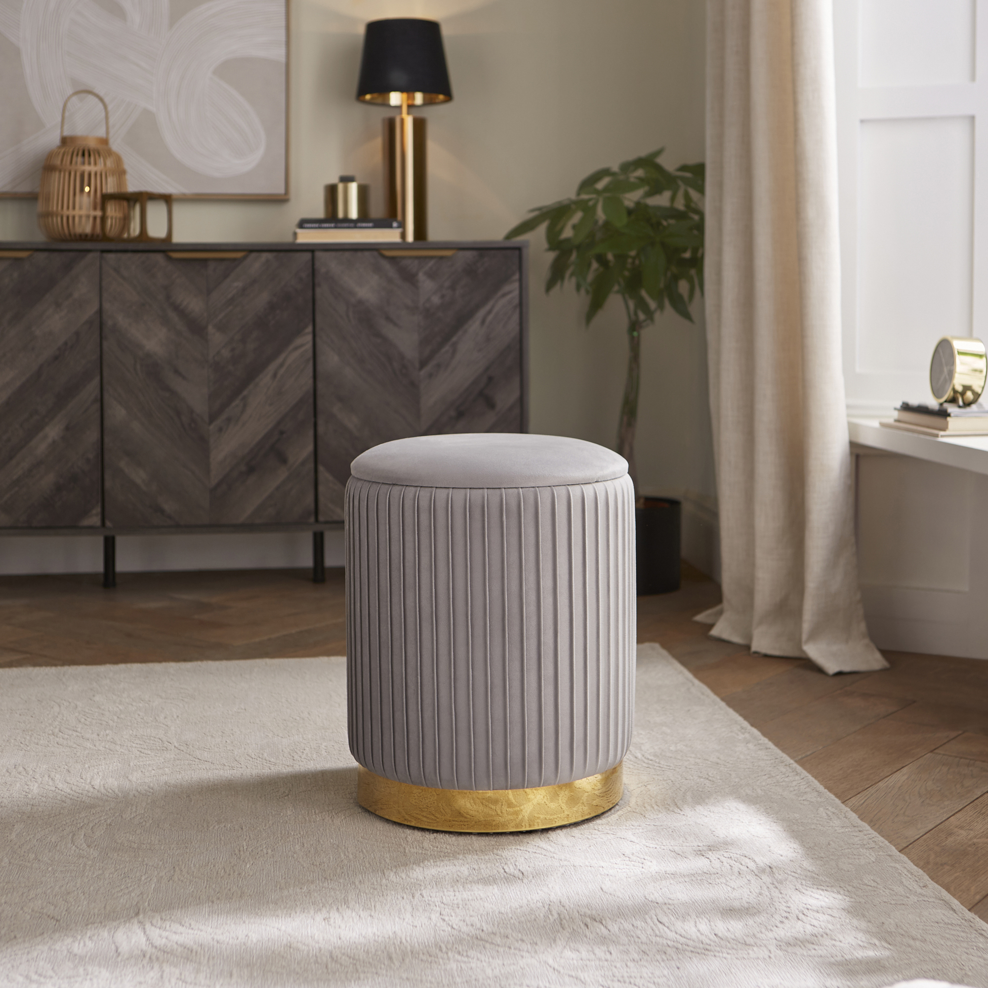 ELODIE Pleated Ottoman Storage Stool - Grey