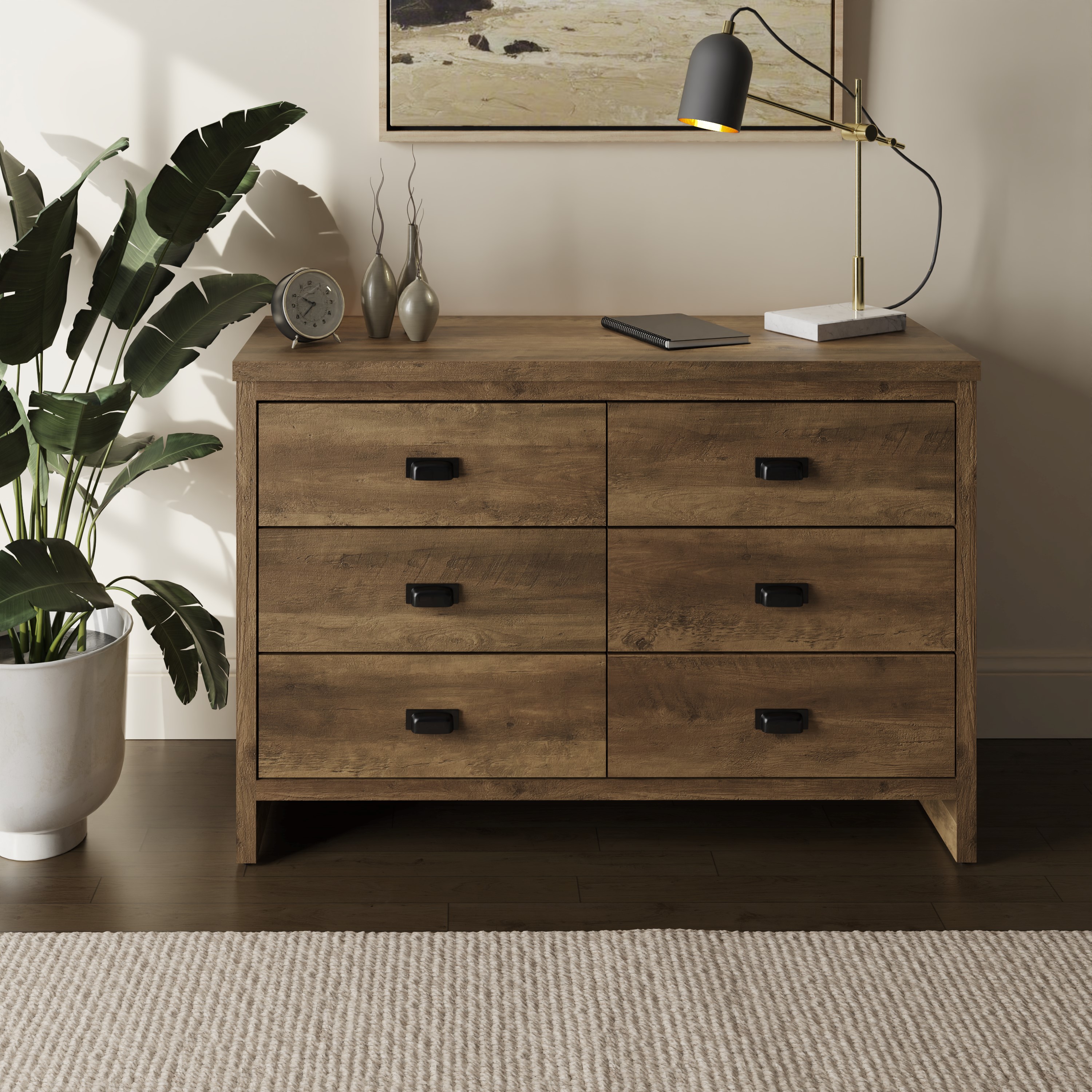 BELONA Oak Finish Chest of Drawers - Large-sized, 6 Drawers, Double