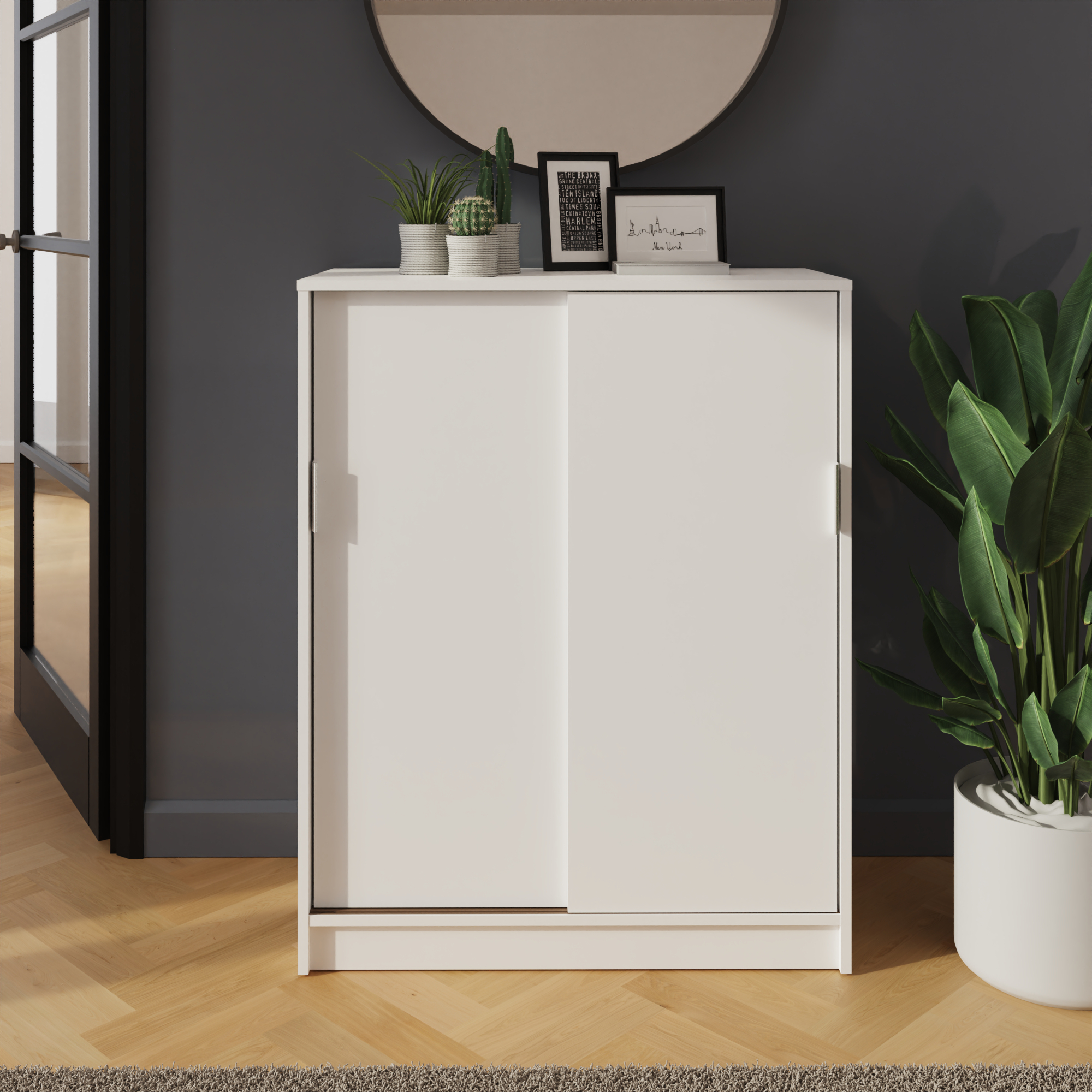 LEVAN White Sliding Door Shoe Cabinet - Medium-sized, 18-22 Pair Storage