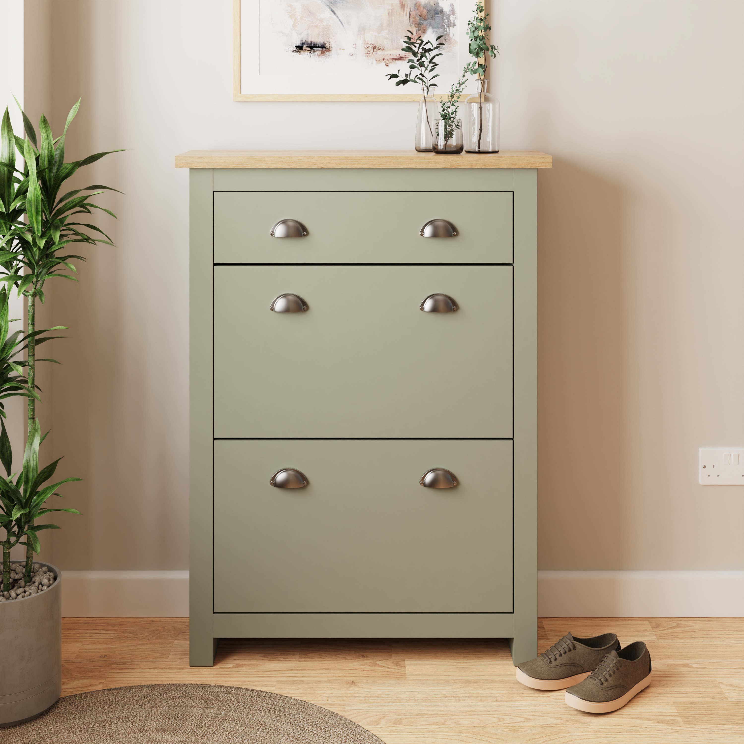 Shoes Cabinet - Antony 2 Door 1 Drawer Shoe Cabinet Sage Green and Bianco Oak