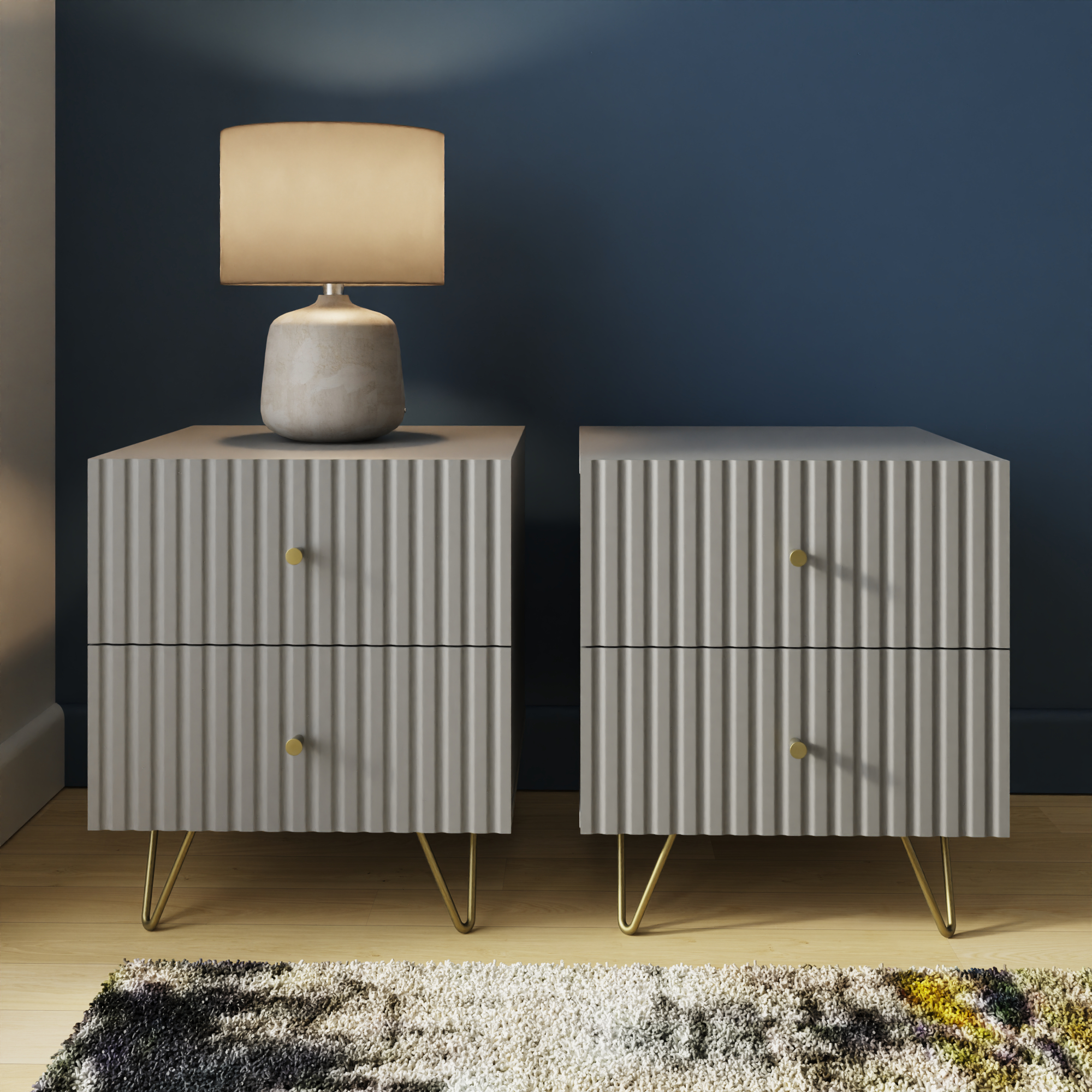 THARO Set of 2 Bedside Table with 2 Drawers Each - Grey