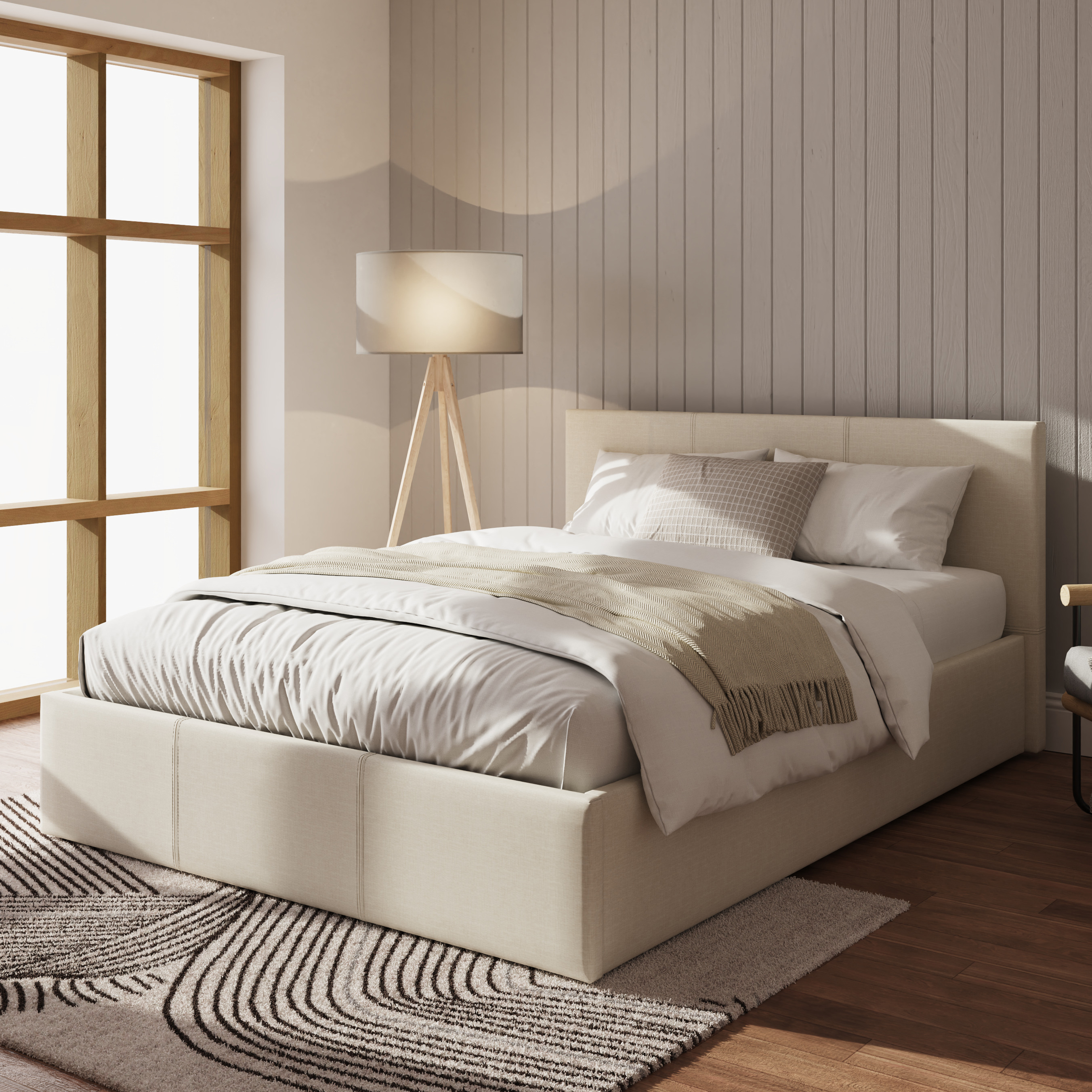 Side Lift Ottoman 4ft6 Double Bed with Stitched Headboard and Hopsack Fabric - Natural