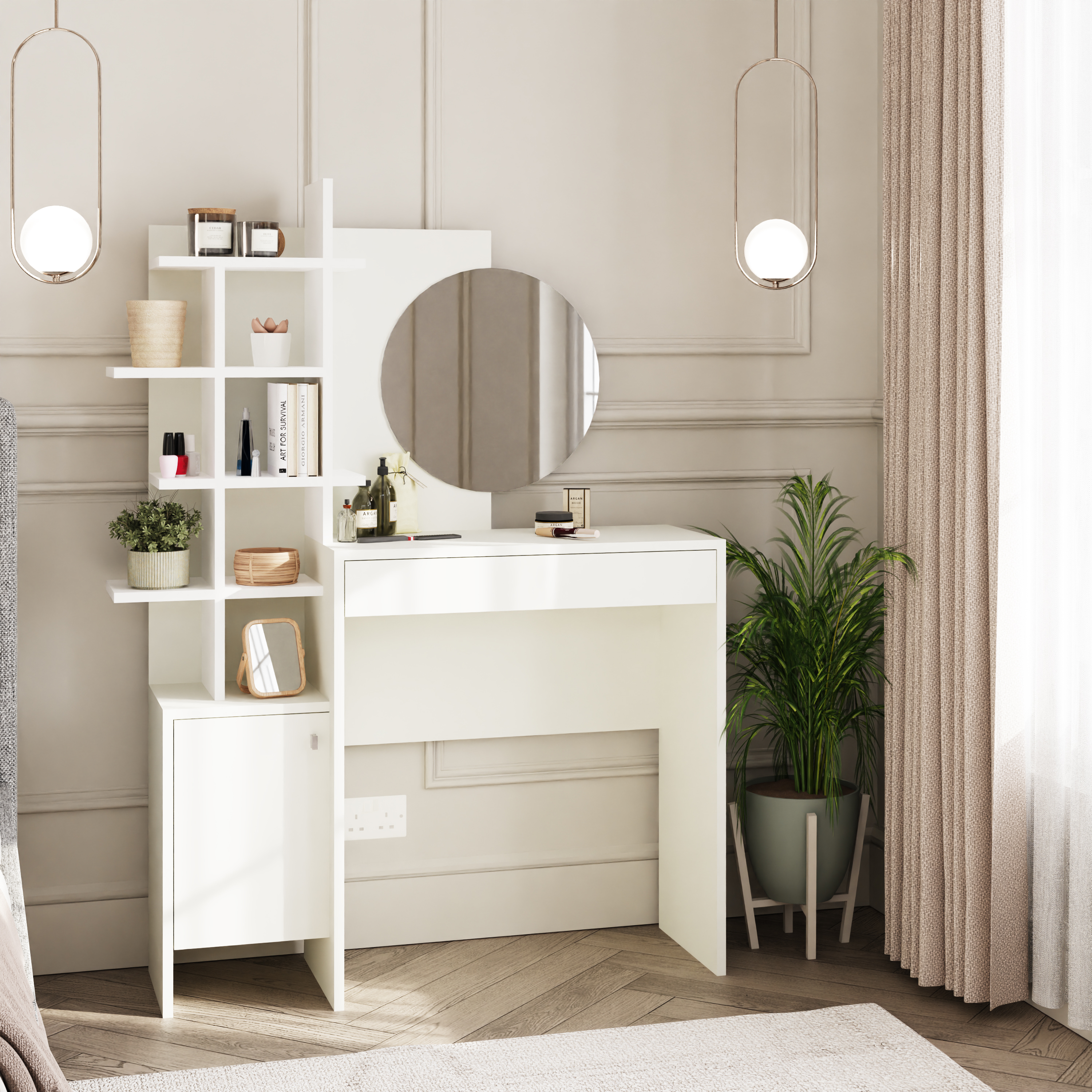 Elysian Haven White Five Tier Open Shelf Dressing Table with Round Mirror - White