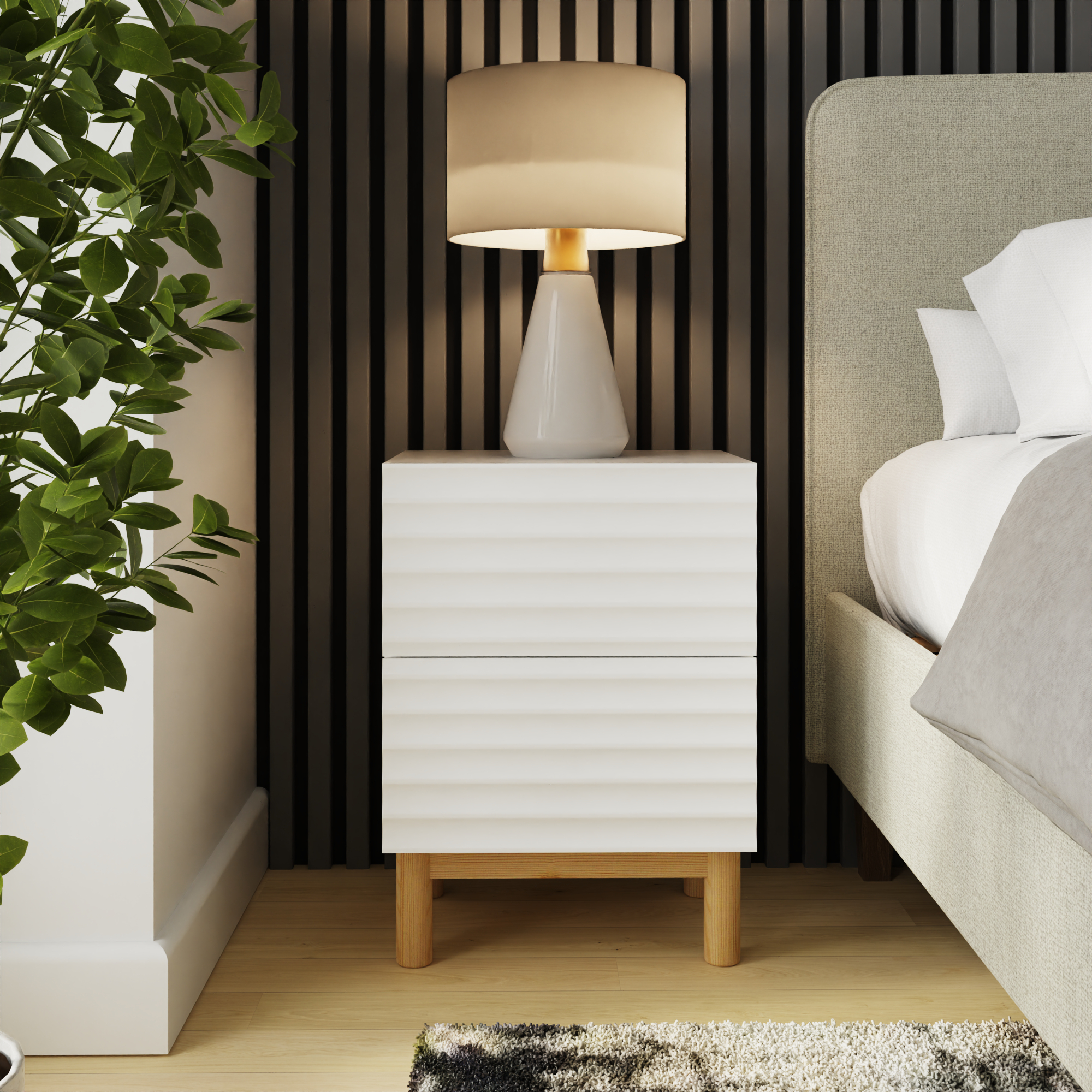 KARVO 2 Drawer Bedside Table with Ribbed Front - White