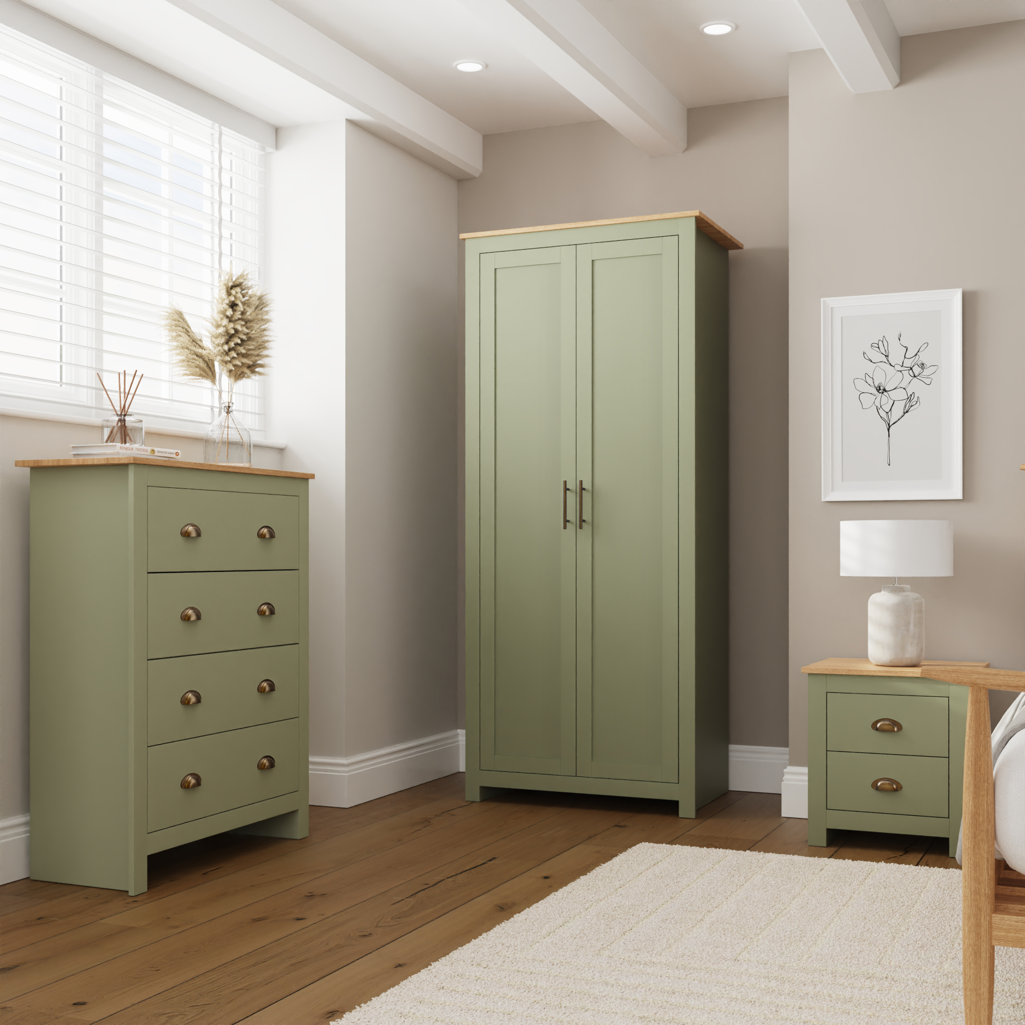 LANCASTER 2 Door Wardrobe Set 3 Piece - Sage Green