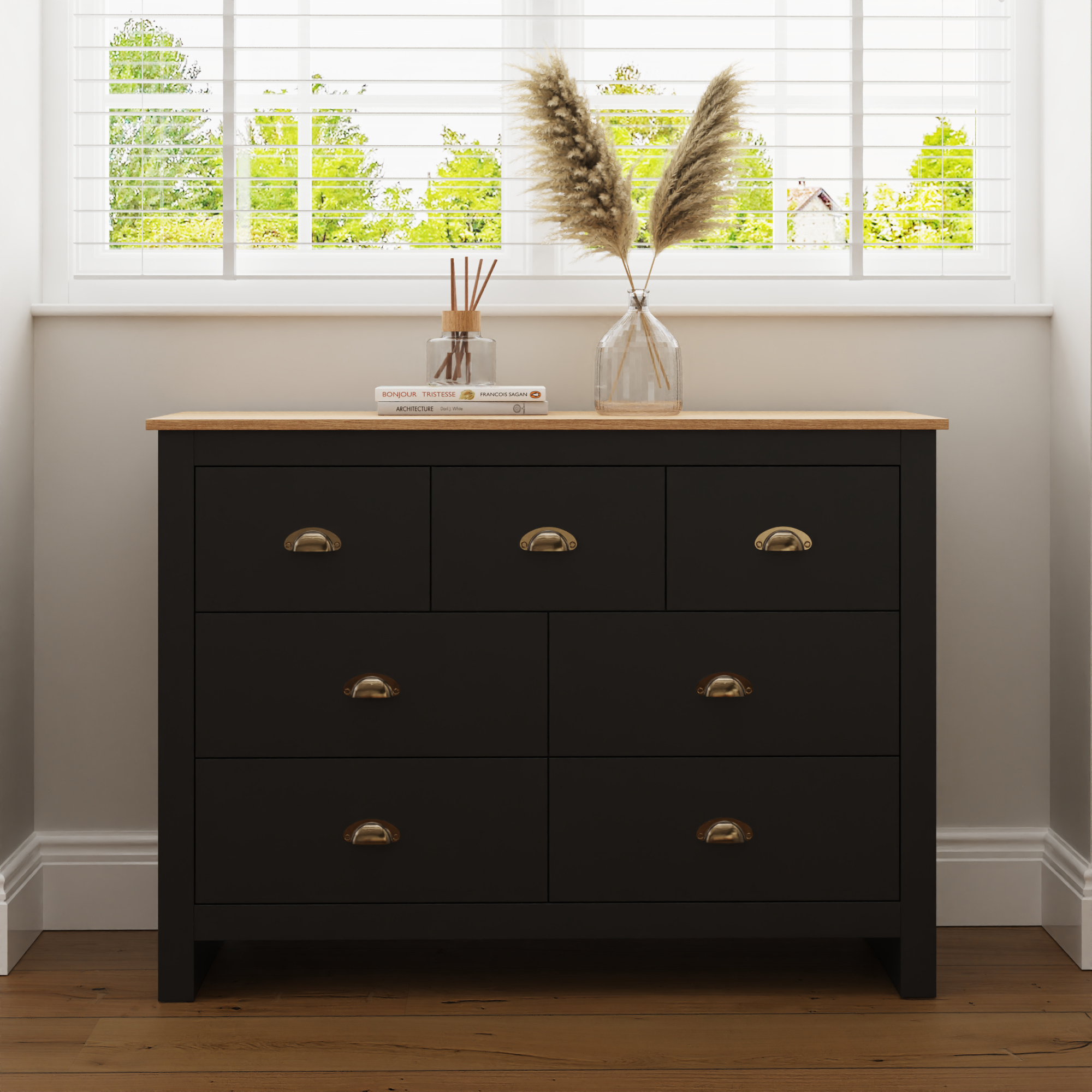 LANCASTER Black Chest of Drawers - Large-sized, 7 Drawers