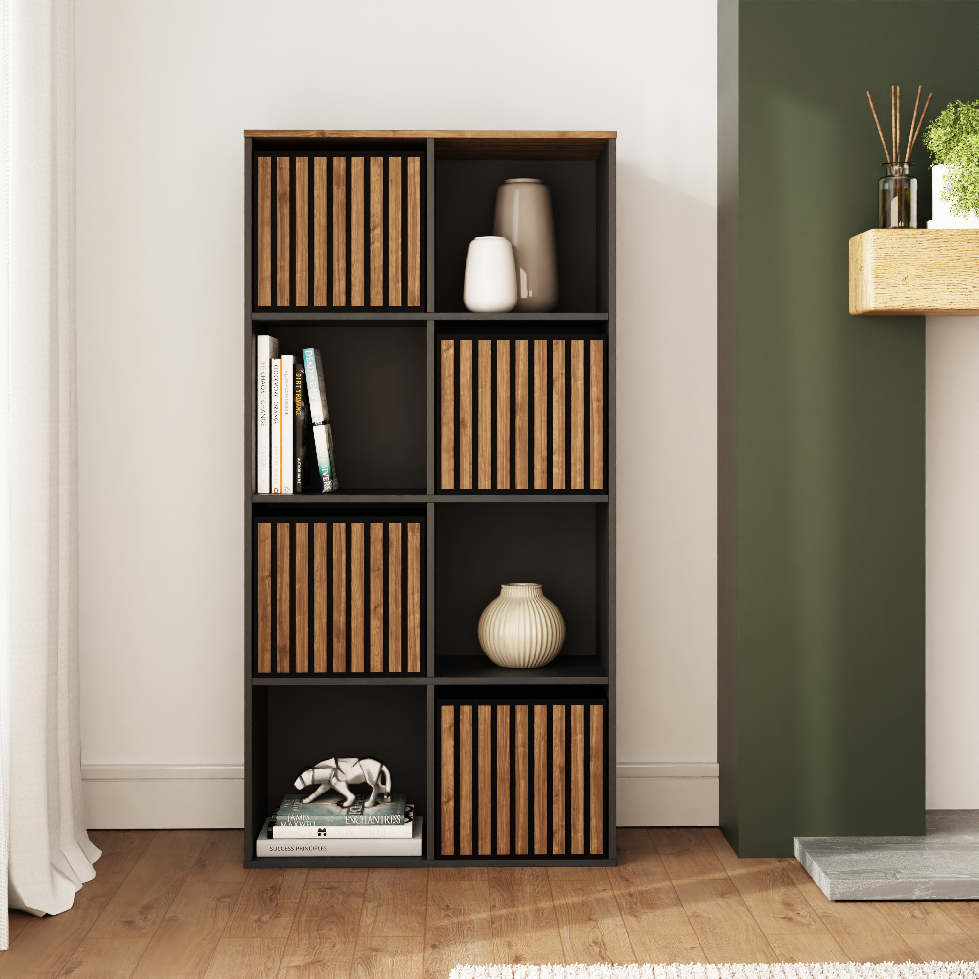 KUBIX 4 Cube Storage Unit with Walnut Accents - Black with Dark Oak