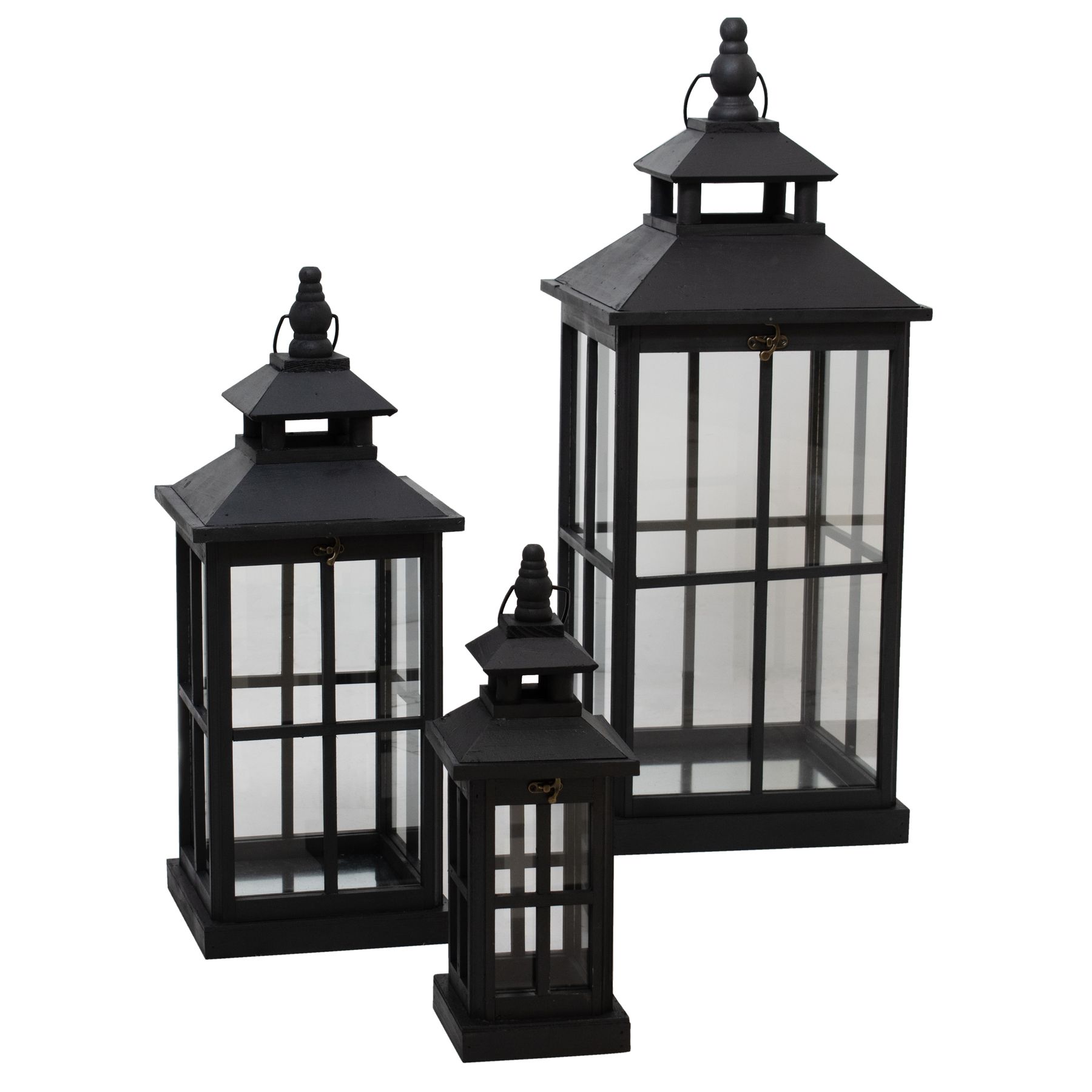 Black Window Style Lanterns With Open Top - Set of 3