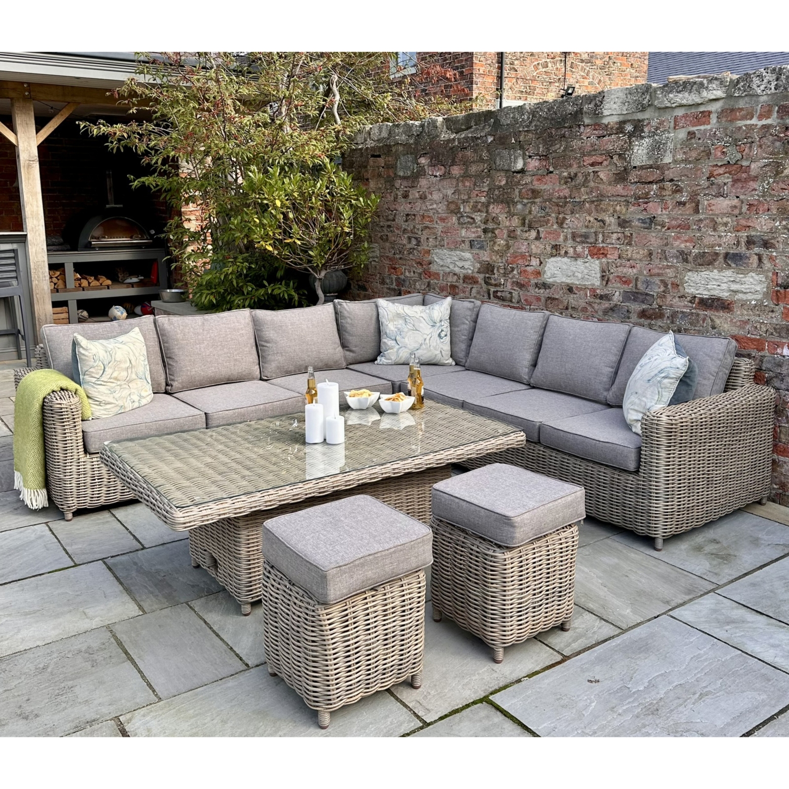 Amal Outdoor Corner Set With Riser Table & Stools - Large