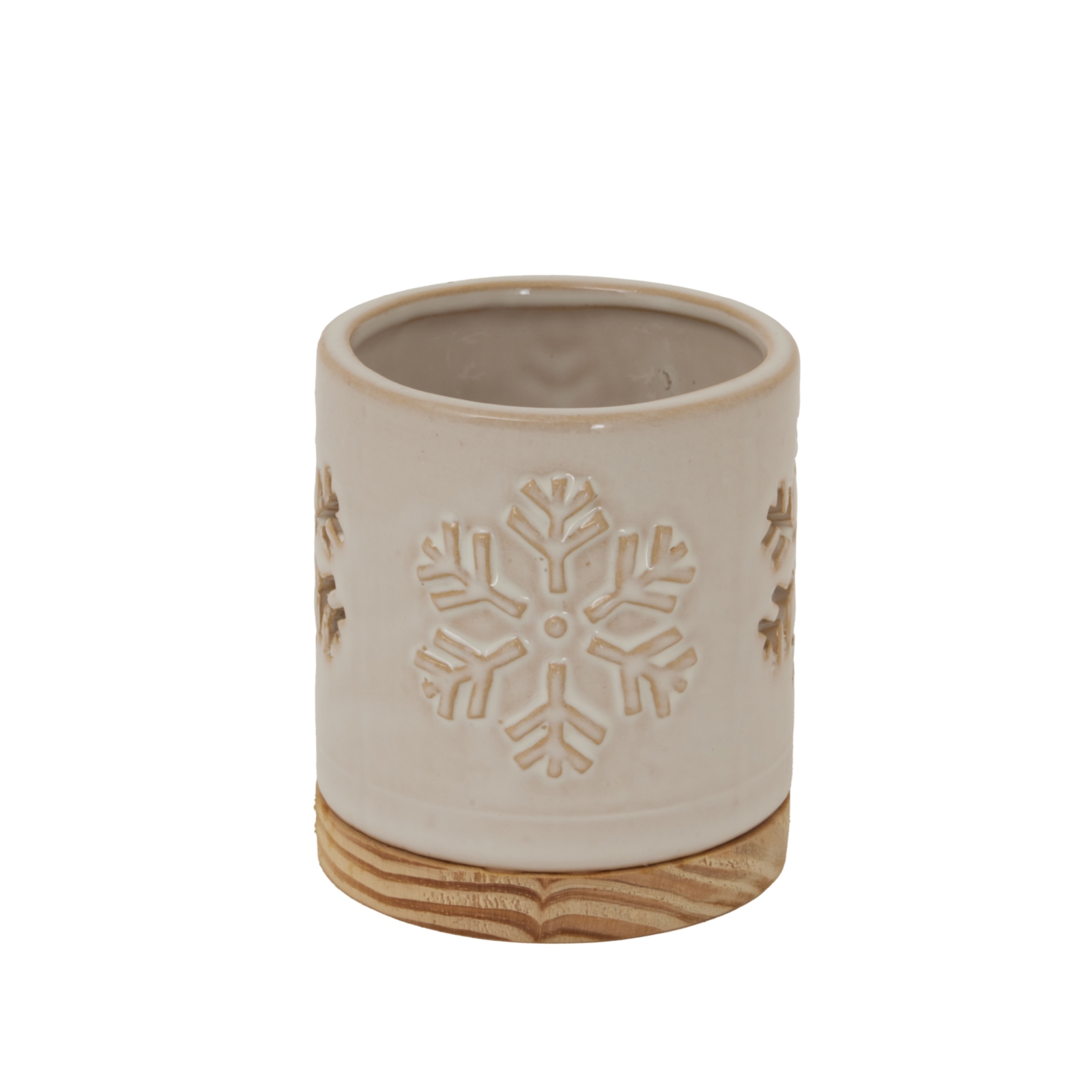 Alvo Ceramic Snowflake Candle Holder On Wood Base