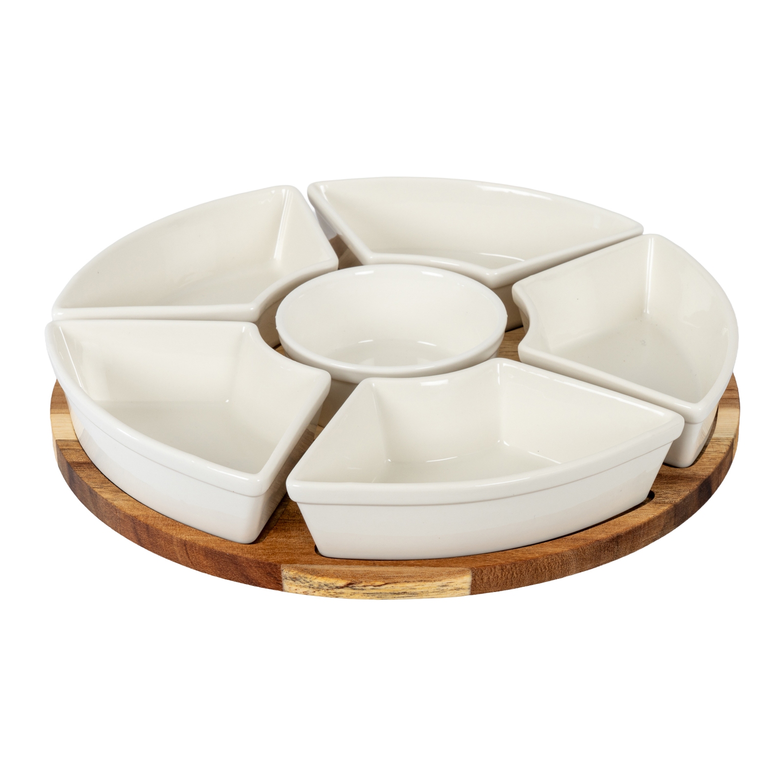 VALORE Lazy Susan including Ceramic Serving Bowls - Oak Finish