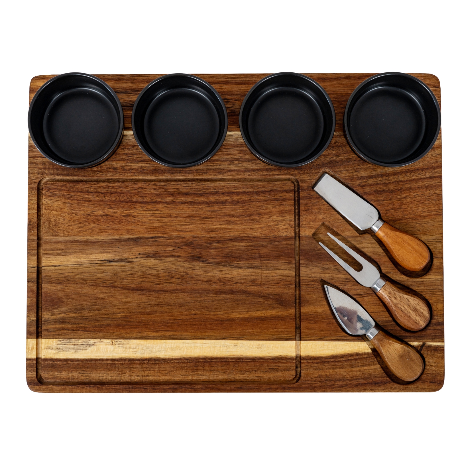 VALORE Cheese Board Set With Grey Ceramic Bowls and Cutlery - Oak Finish