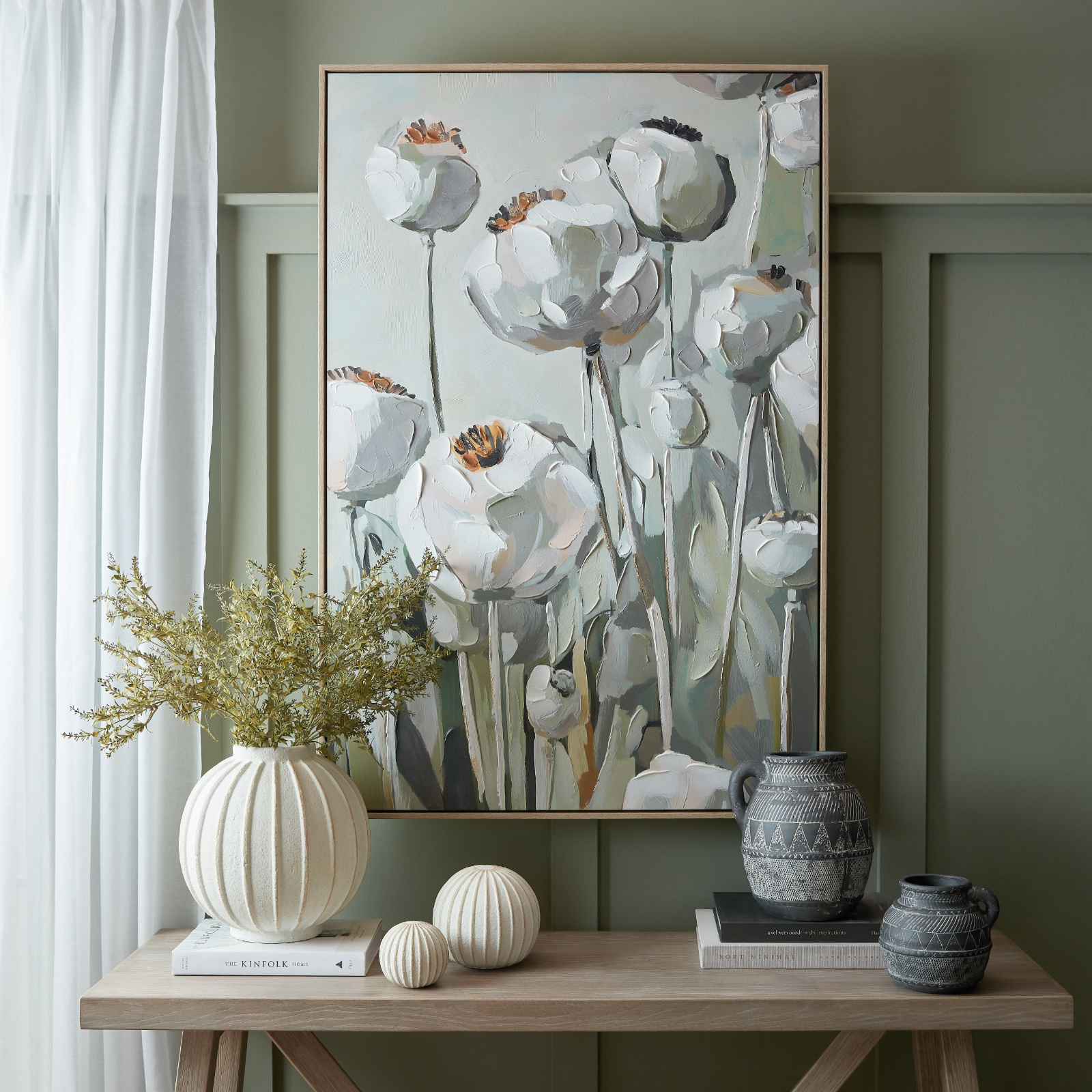 ATELIER Poppy Heads Hand Painted Canvas in Frame - Multi Colour