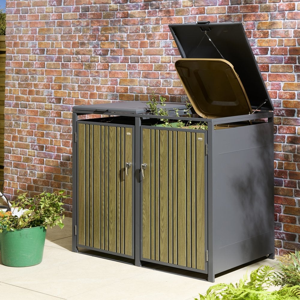 WEXLORD Double Metal Outdoor Bin Storage - Oak