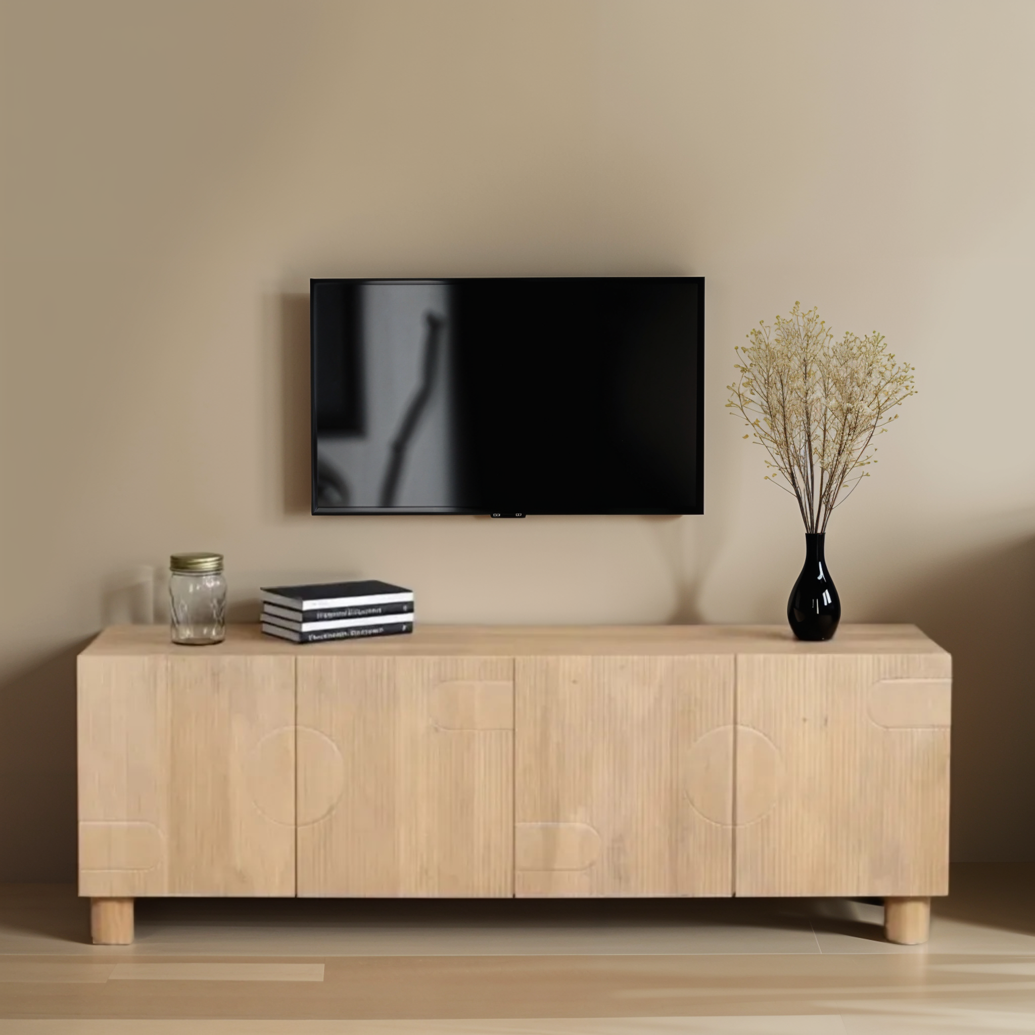 ASHTON Solid Wood Large Low Board TV Cabinet - Oak Finish