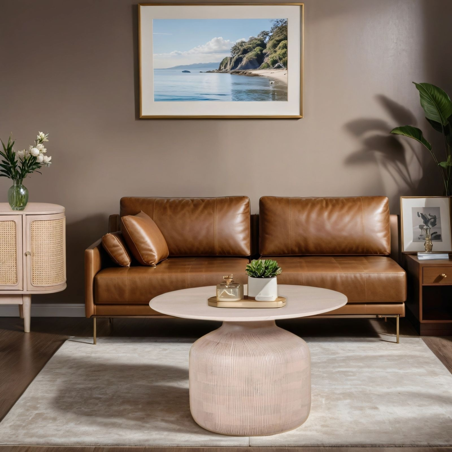 VENETIA Cane and Mango Wood Round Coffee Table - Oak Finish