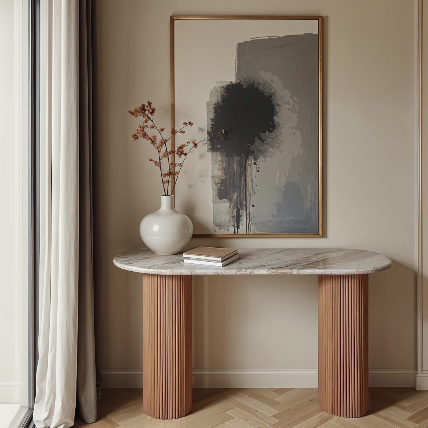 ASHMERE Natural Marble and Wood Pedestal Console Table - Oak Finish