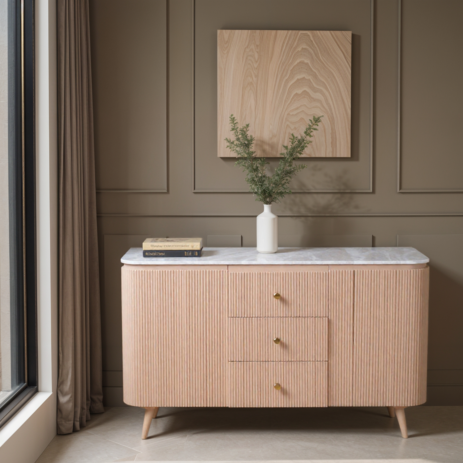 ASHMERE Natural Marble and Wood Extra Large Sideboard - Oak Finish