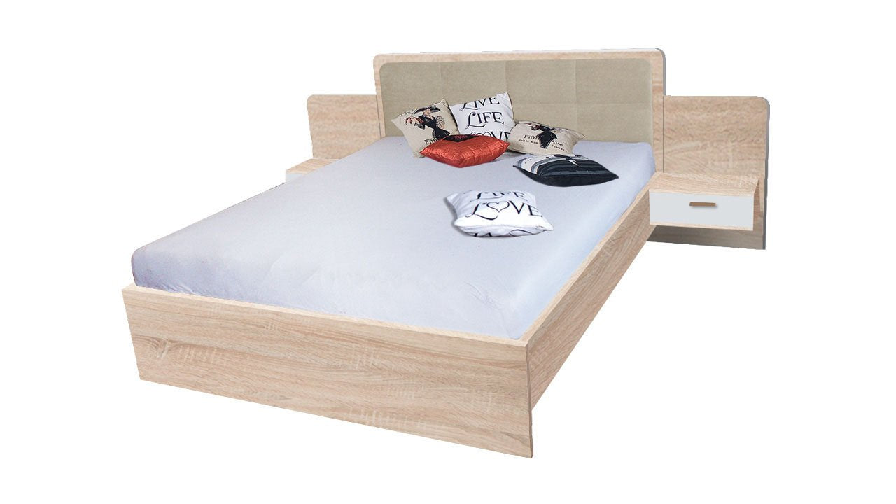 React Modern Design Headboard EU Kingsize Bed with Floating Style Bedsides - Oak Sonoma