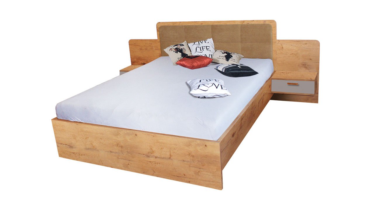 React Modern Design Headboard EU Kingsize Bed with Floating Style Bedsides - Oak Lancelot
