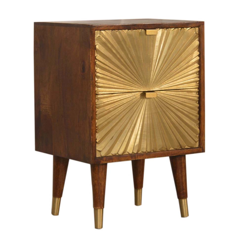 Bedside Table - MESHA Nightstand Chestnut and Brass Inlay 40cm
