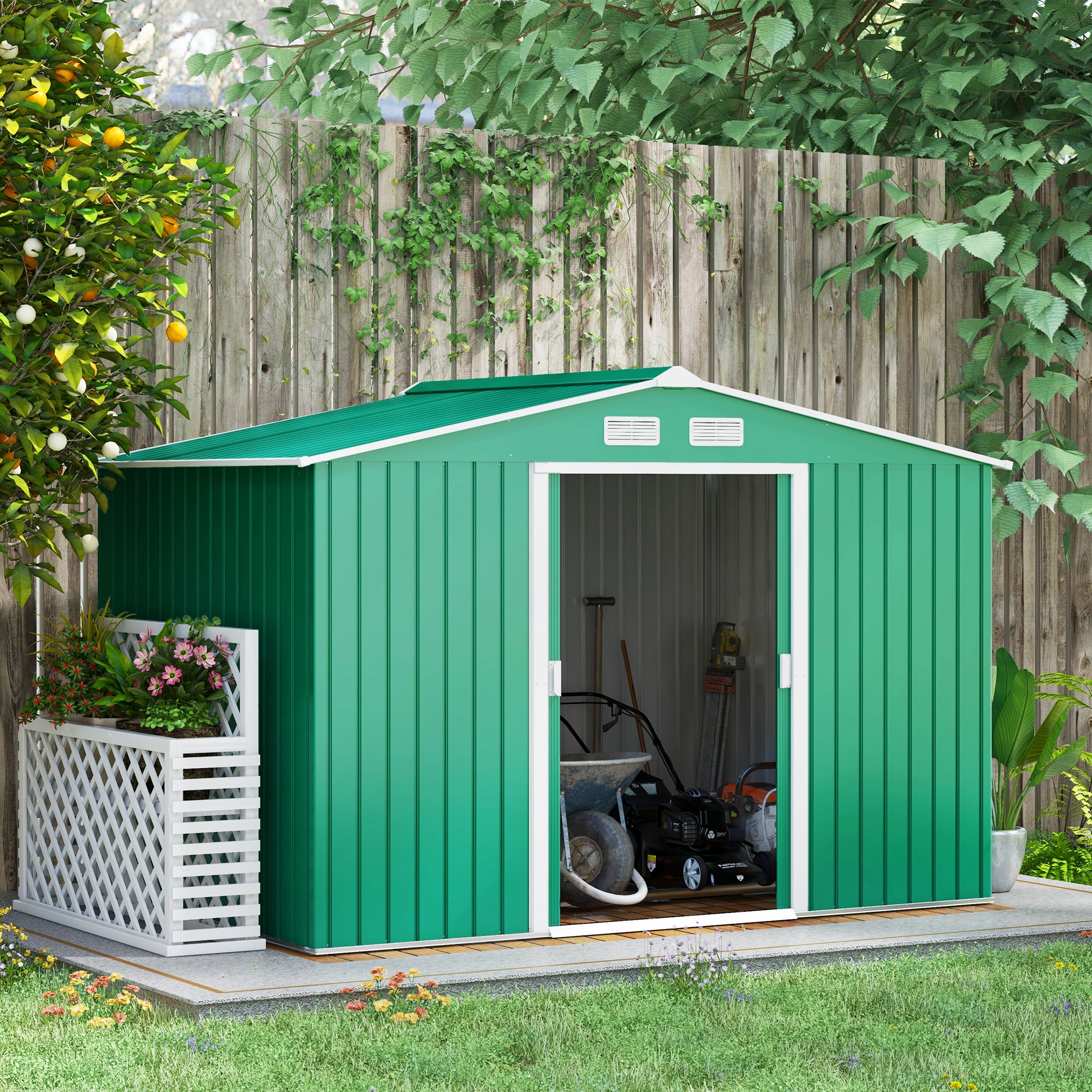 Lockable Garden Shed Large Patio Tool Metal Storage Building Foundation Sheds Box Outdoor Furniture (9 x 6 FT, Green)