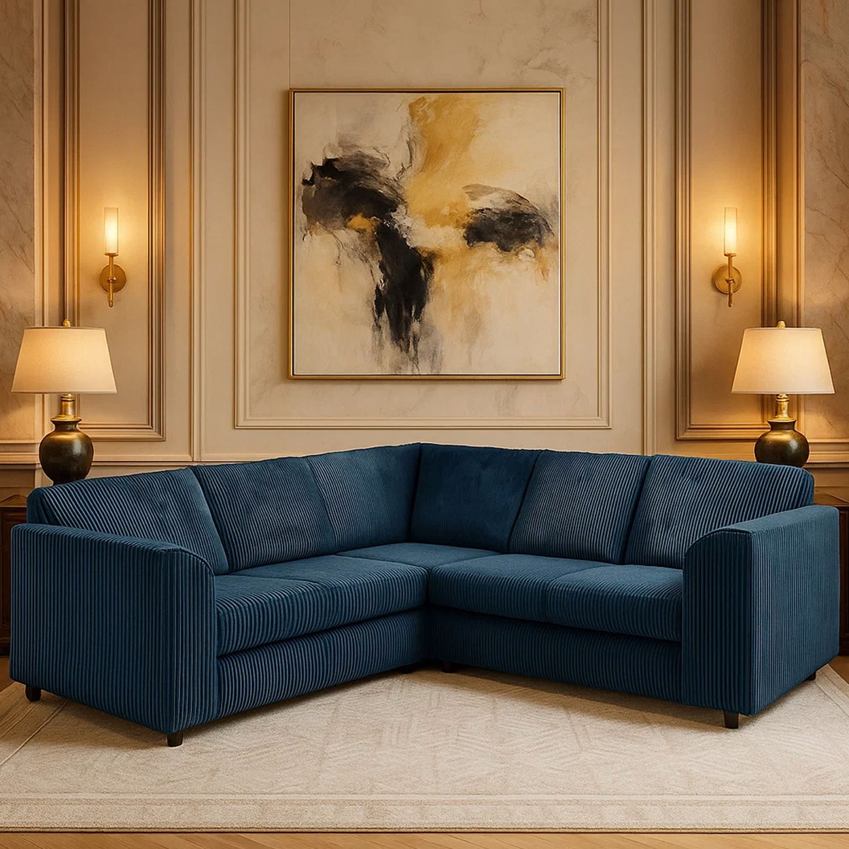 JAMBA Jumbo Cord 5 Seater Fullback Corner Sofa - L Shaped - Navy Blue