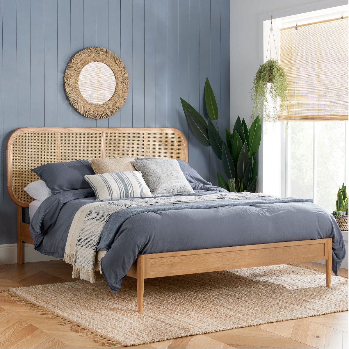Jaydan Rattan Design Headboard 4ft6 Double Wooden Bed - Oak