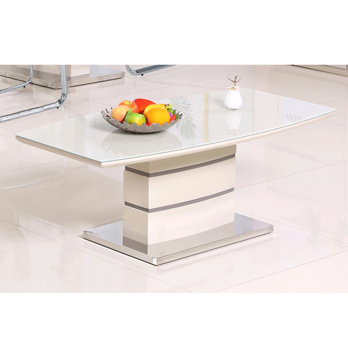 Birkenhead High Gloss Coffee Table with Stainless Steel Base in Glass Top Elegance in Cappuccino and Champagne