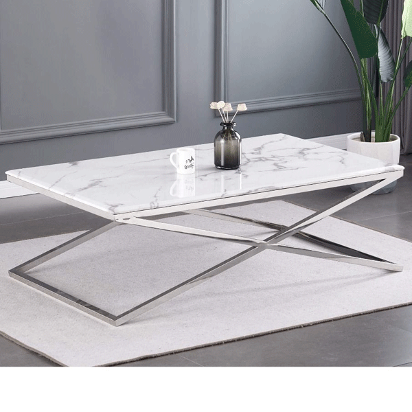 Lesbury Stylish Silver Frame Coffee Table with Artificial Marble Top