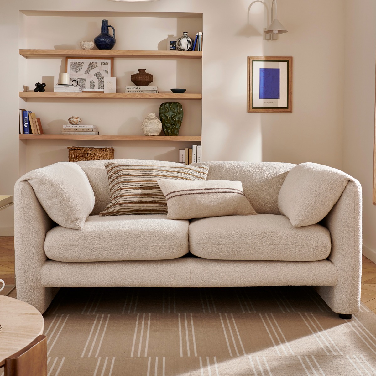KENVARO Boucle Fabric 2 Seater Sofa - Cream