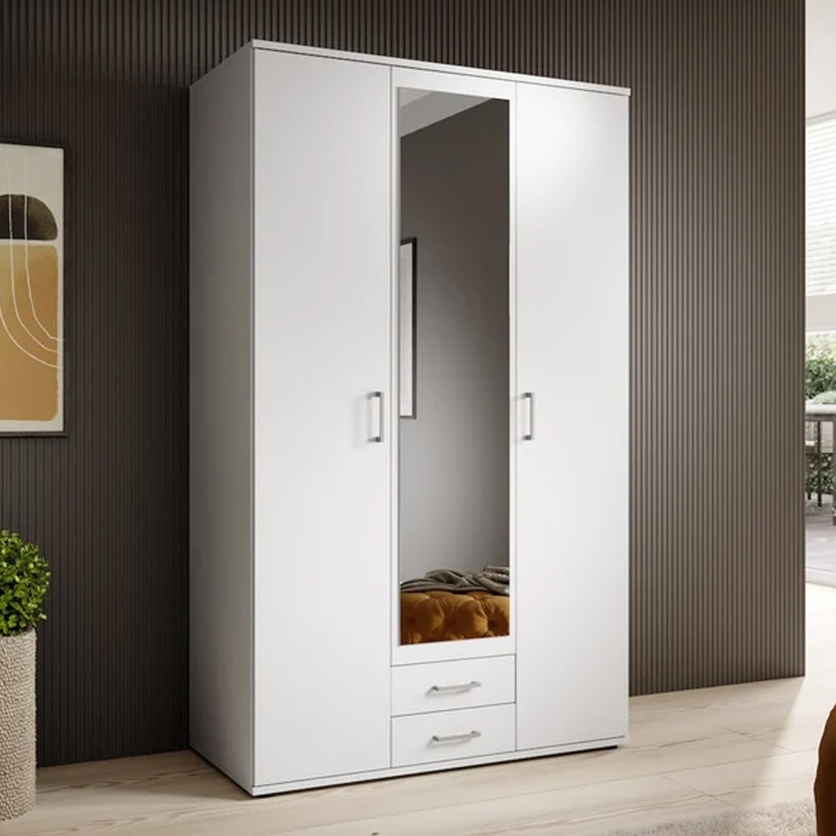 KEVIN 3 Door Mirrored Wardrobe with 2 Drawers White - 120cm