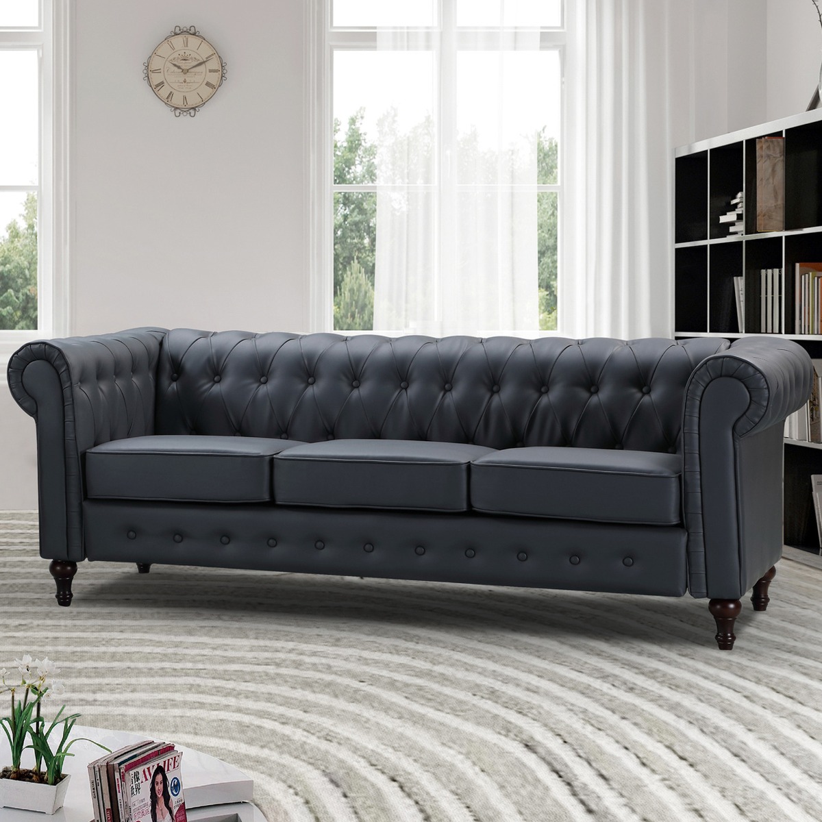 3 Seater Sofa - BELFORIA Leather Chesterfield Sofa - Grey