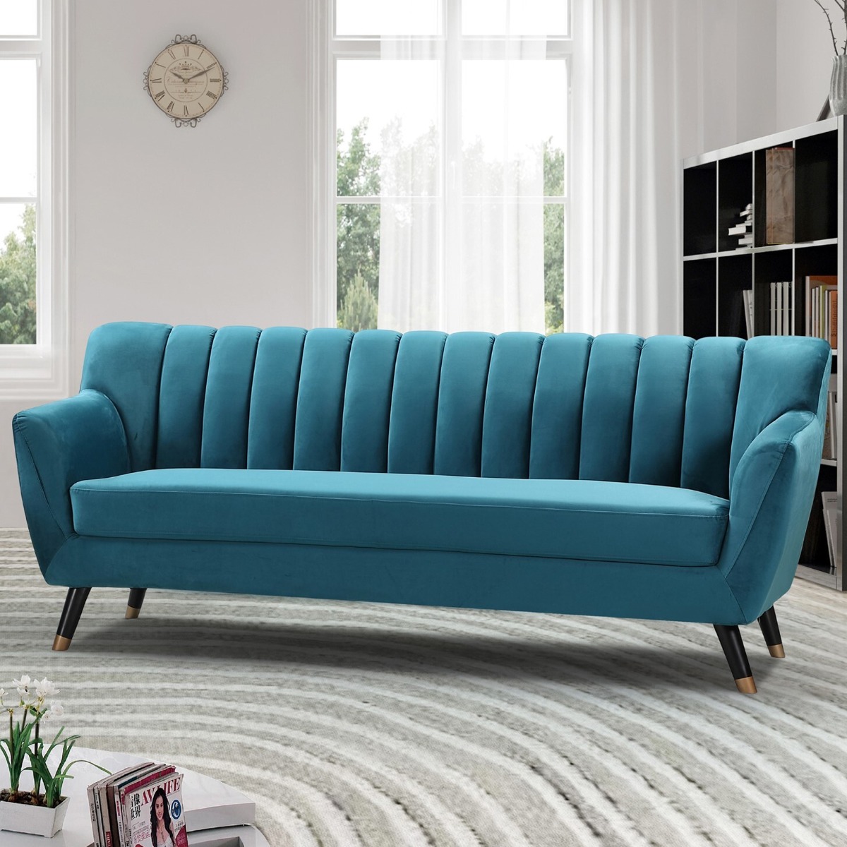 3 Seater Sofa - VIVENTO Velvet Fabric Sofa - Teal