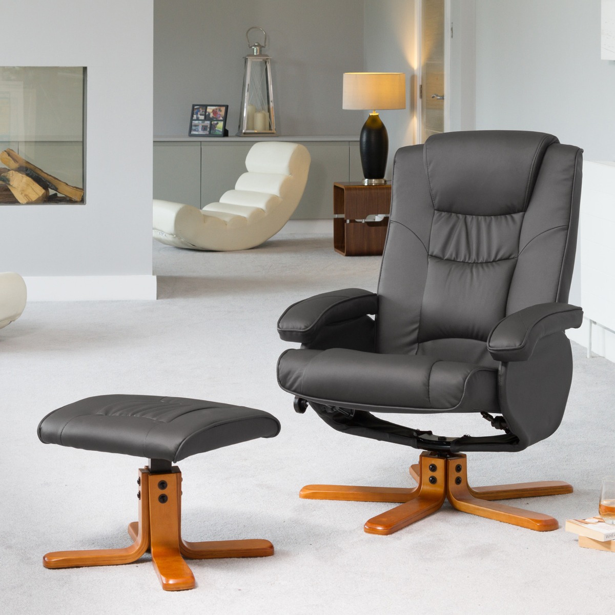 Armchair - REVOLUX Leather Swivel Recliner Chair with Stool - Grey