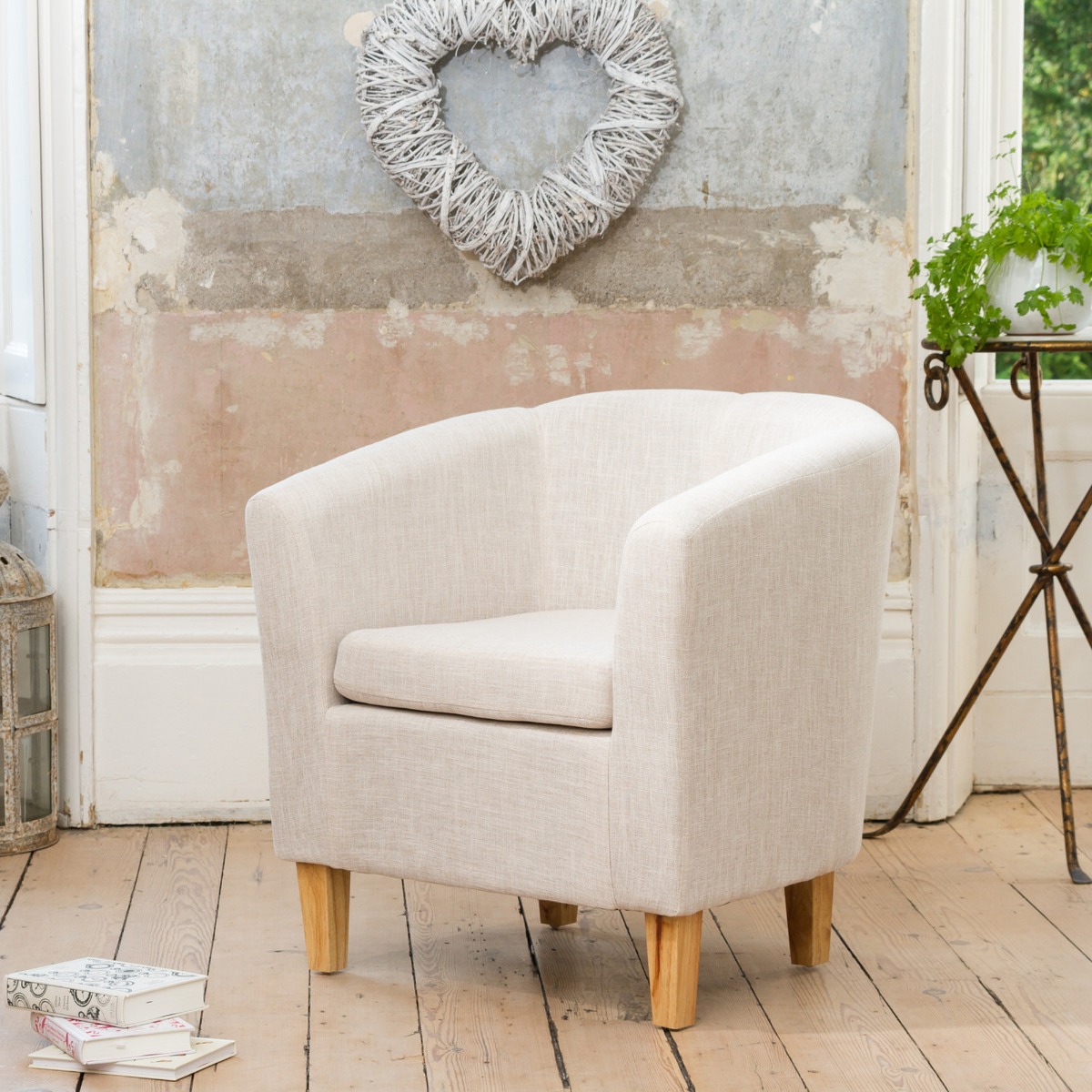 Tub Chair - VIVELLA Textured Fabric Chair with Light Wood Legs - Beige