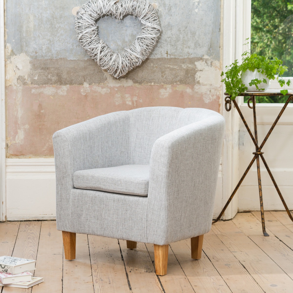 Tub Chair - VIVELLA Textured Fabric Chair with Light Wood Legs - Light Grey