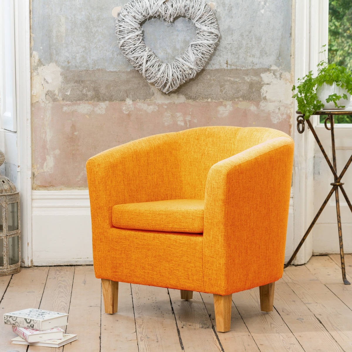 Tub Chair - VIVELLA Textured Fabric Chair with Light Wood Legs - Orange