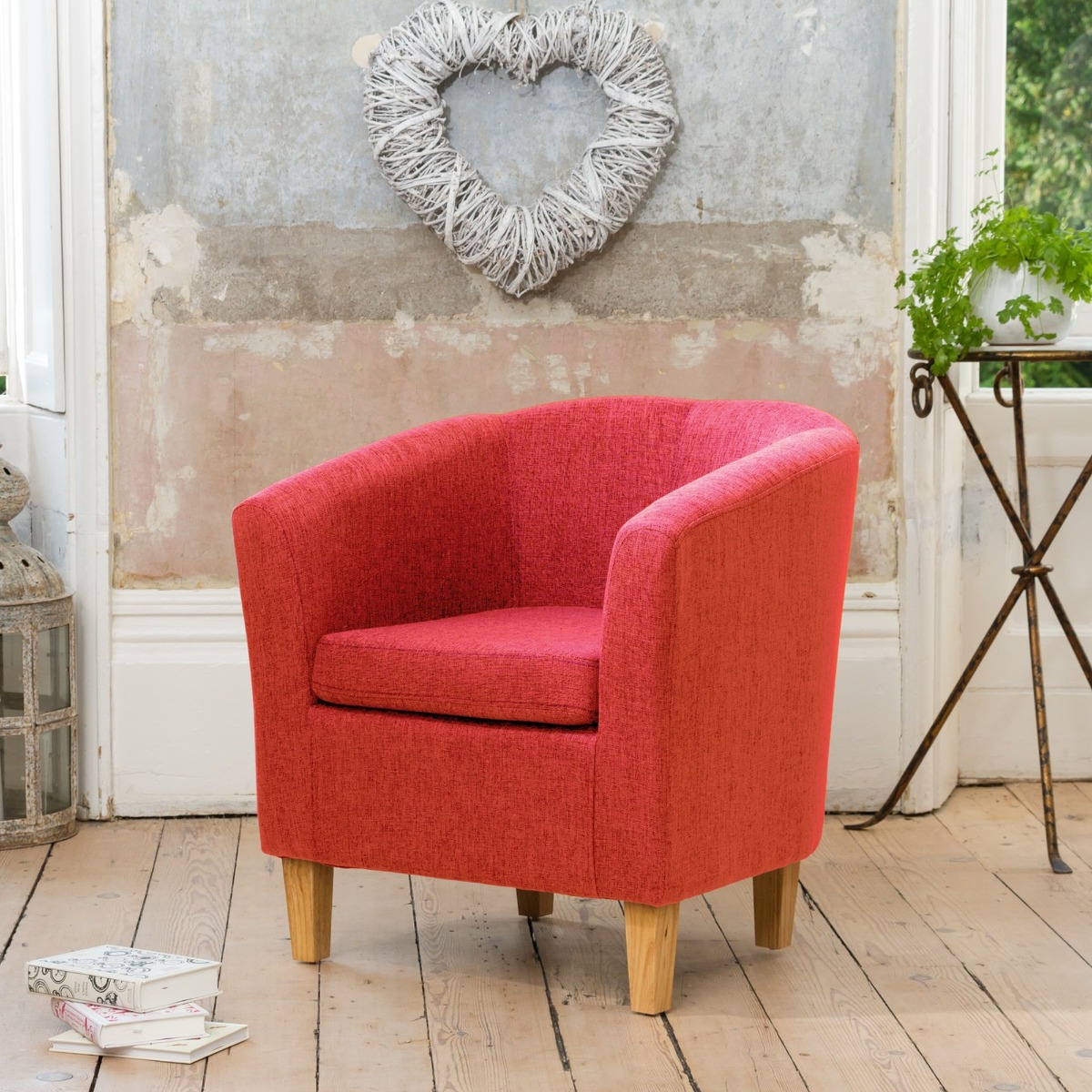 Tub Chair - VIVELLA Textured Fabric Chair with Light Wood Legs - Red