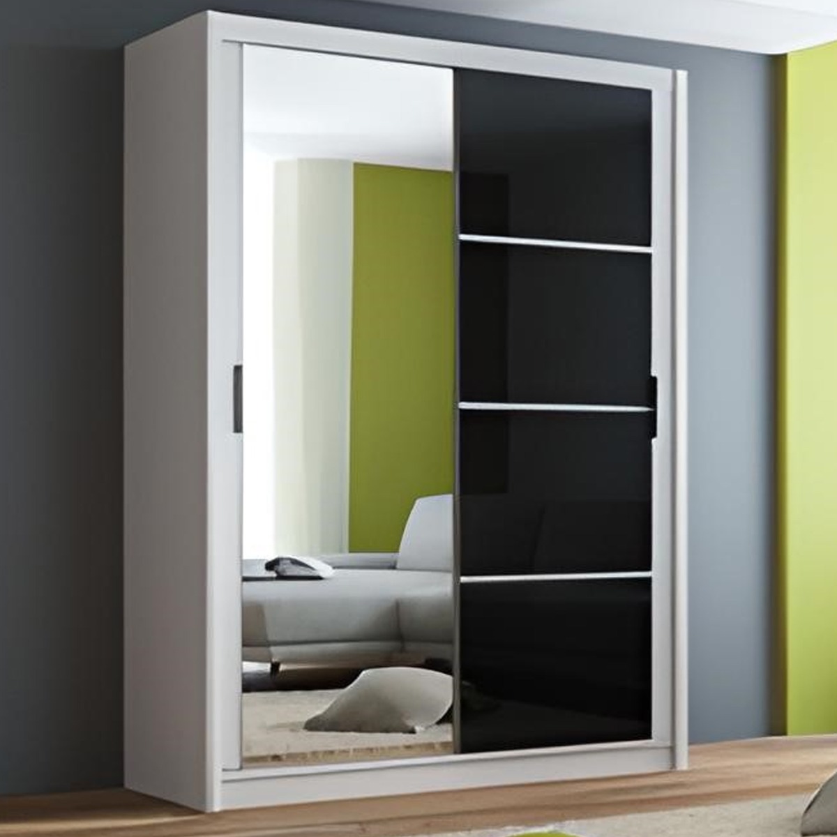 HIGHLAND 2 Door Mirrored Sliding Wardrobe White and Black - 150cm