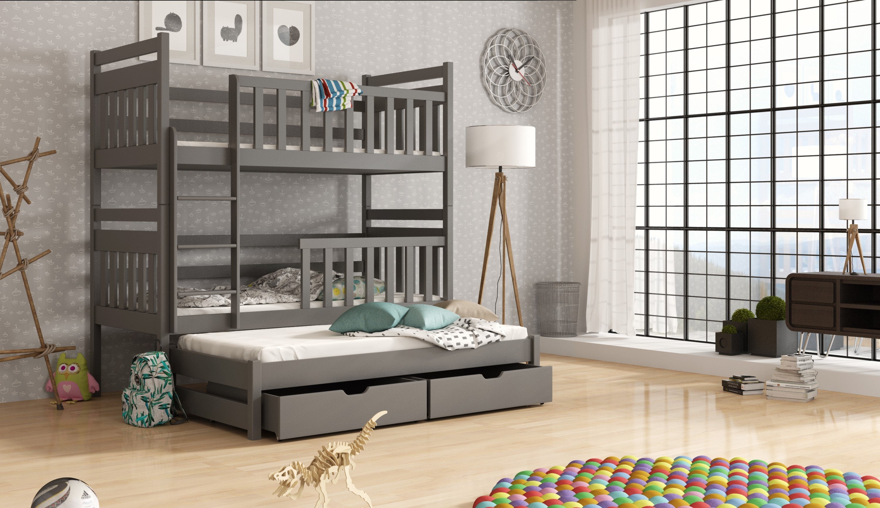 Clare Wooden 2 Drawers Bunk Bed with Trundle - Graphite