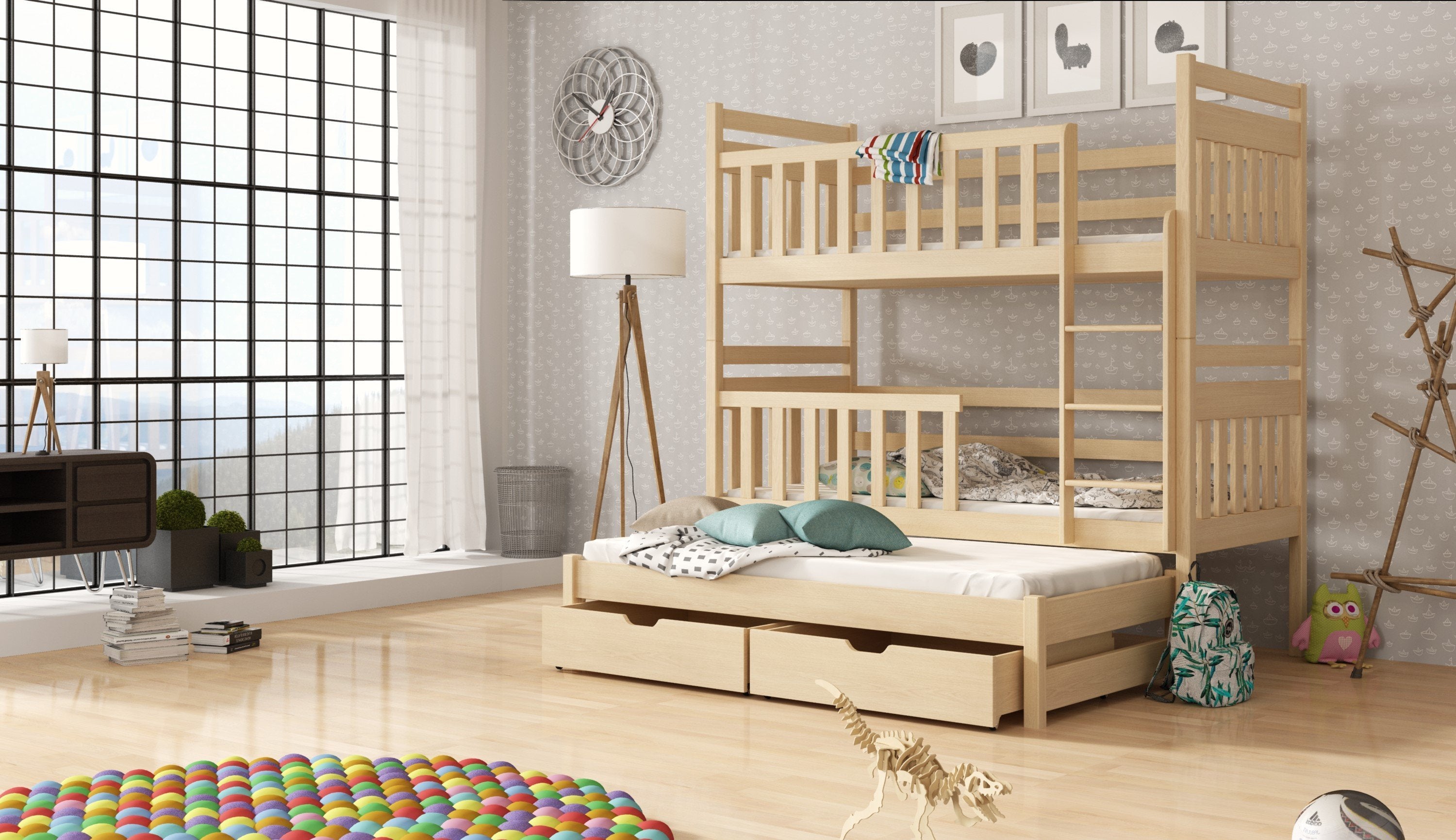 Clare Wooden 2 Drawers Bunk Bed with Trundle and Foam Mattress - Pine